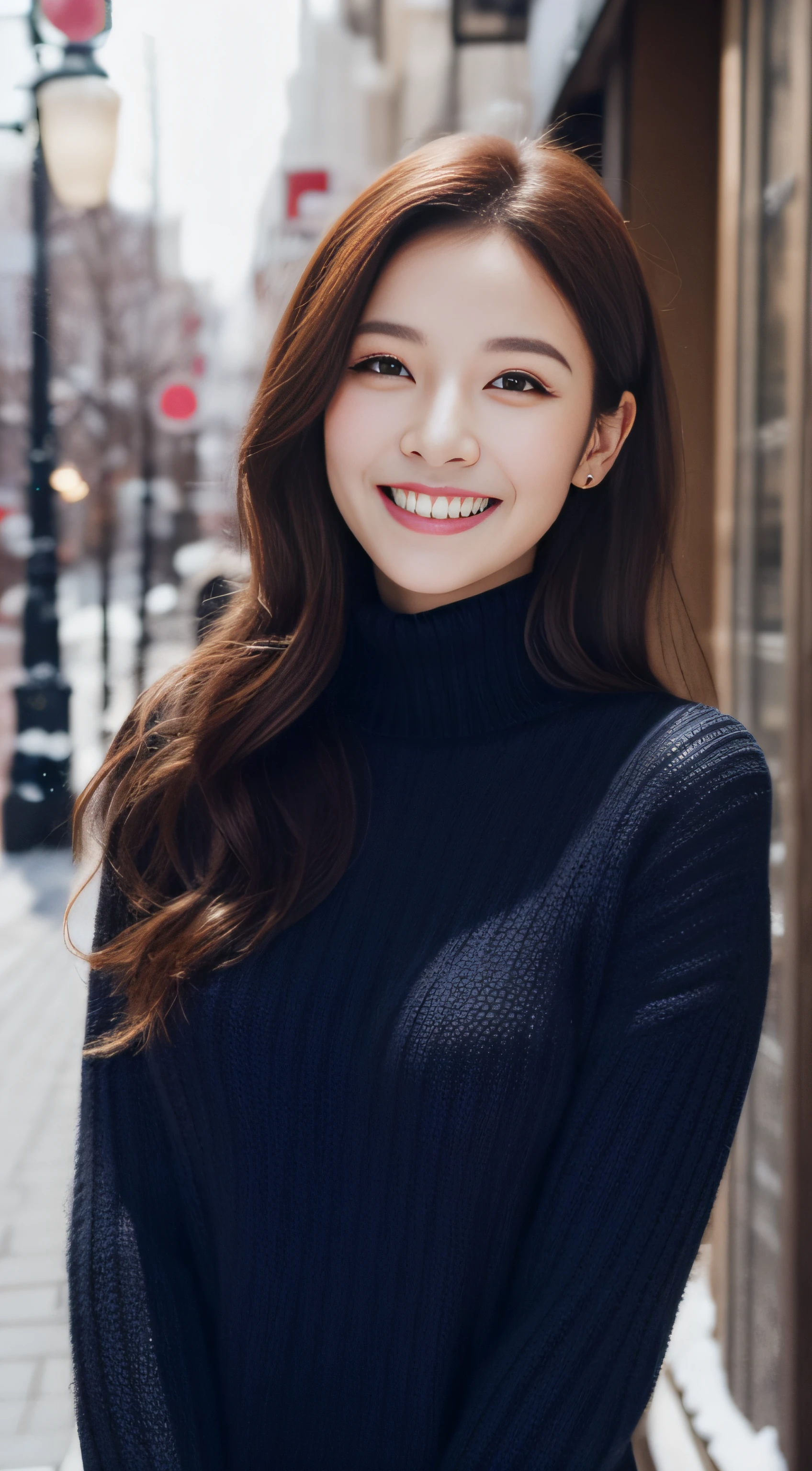The face of the hostess、turtleneck wool sweater、hiquality、A hyper-realistic、healthy、Smiling expression、Slender perfect figure、Japan Beauty、 perfect  eyes、Beautiful skin、The upper part of the body、Snowy city