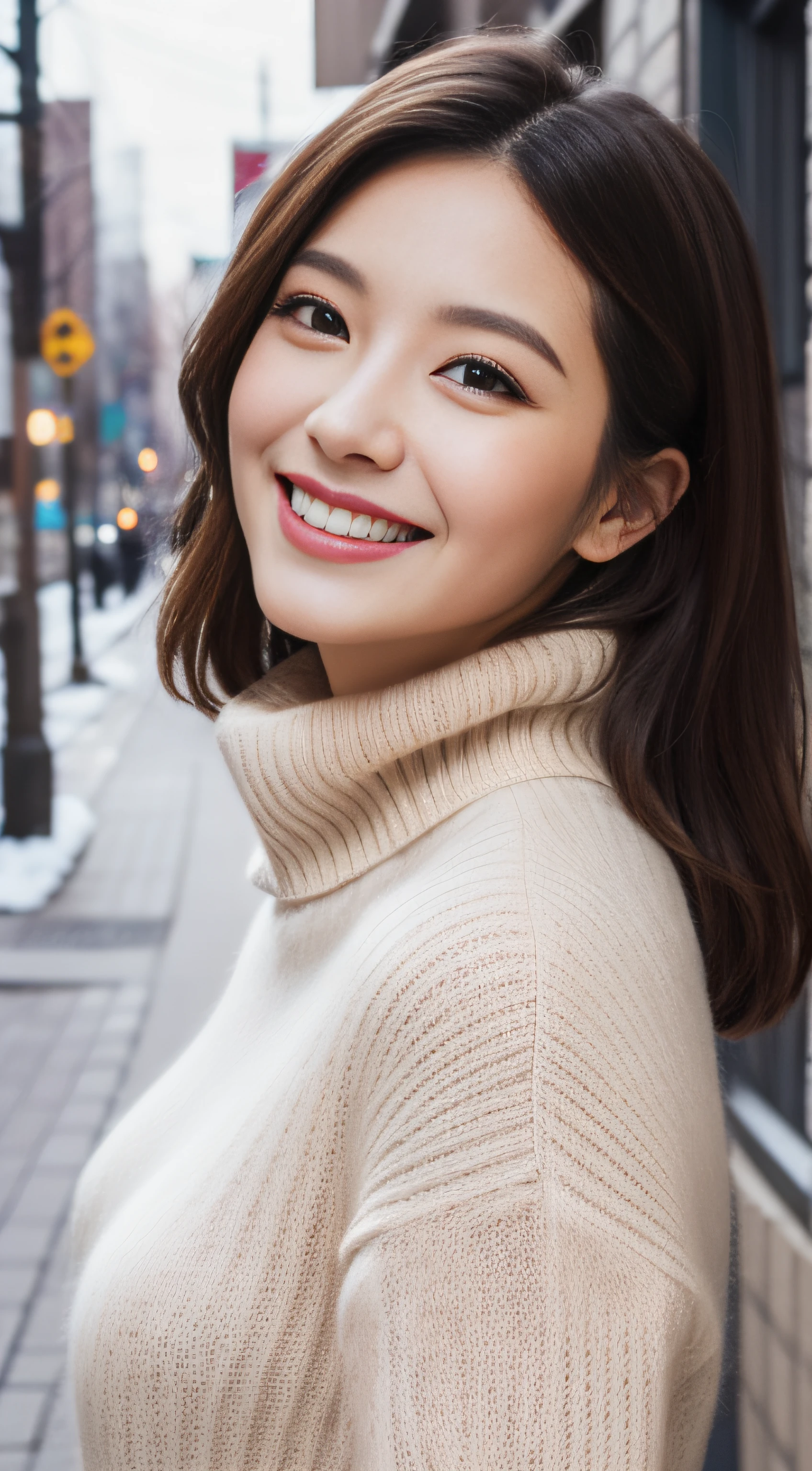 The face of the hostess、turtleneck wool sweater、hiquality、A hyper-realistic、healthy、Smiling expression、Slender perfect figure、Japan Beauty、 perfect eyes、Beautiful skin、The upper part of the body、Snowy city