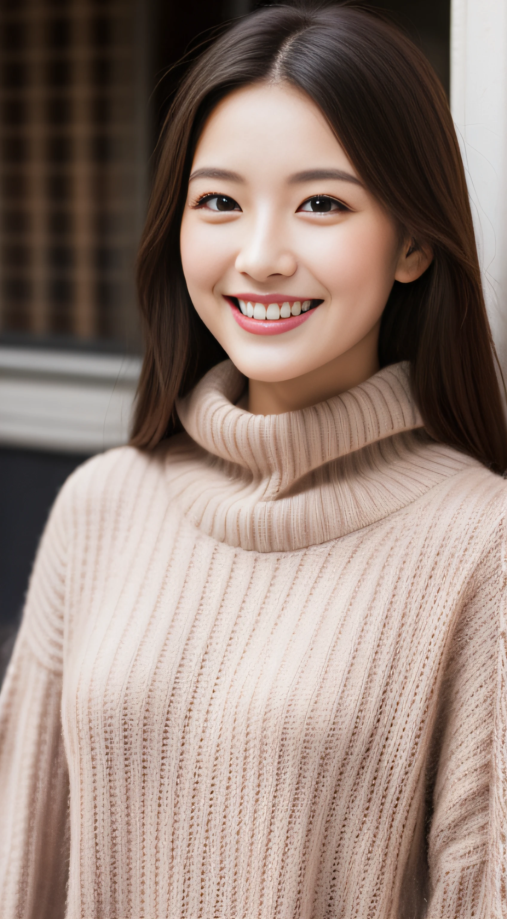 The face of the hostess、turtleneck wool sweater、hiquality、A hyper-realistic、healthy、Smiling expression、Slender perfect figure、Japan Beauty、 perfect eyes、Beautiful skin、The upper part of the body、Snowy city