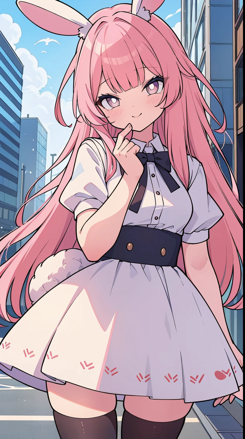 (masterpiece), best quality, (gentle smile), rabbit girl, (rabbit ears:1.2), (long pastel pink hair:1.2), (hair bangs), (hair hiding ears), (hazel eyes:1.2), (fluffy rabbit tail), (wearing modern clothing), (soft smile), city background