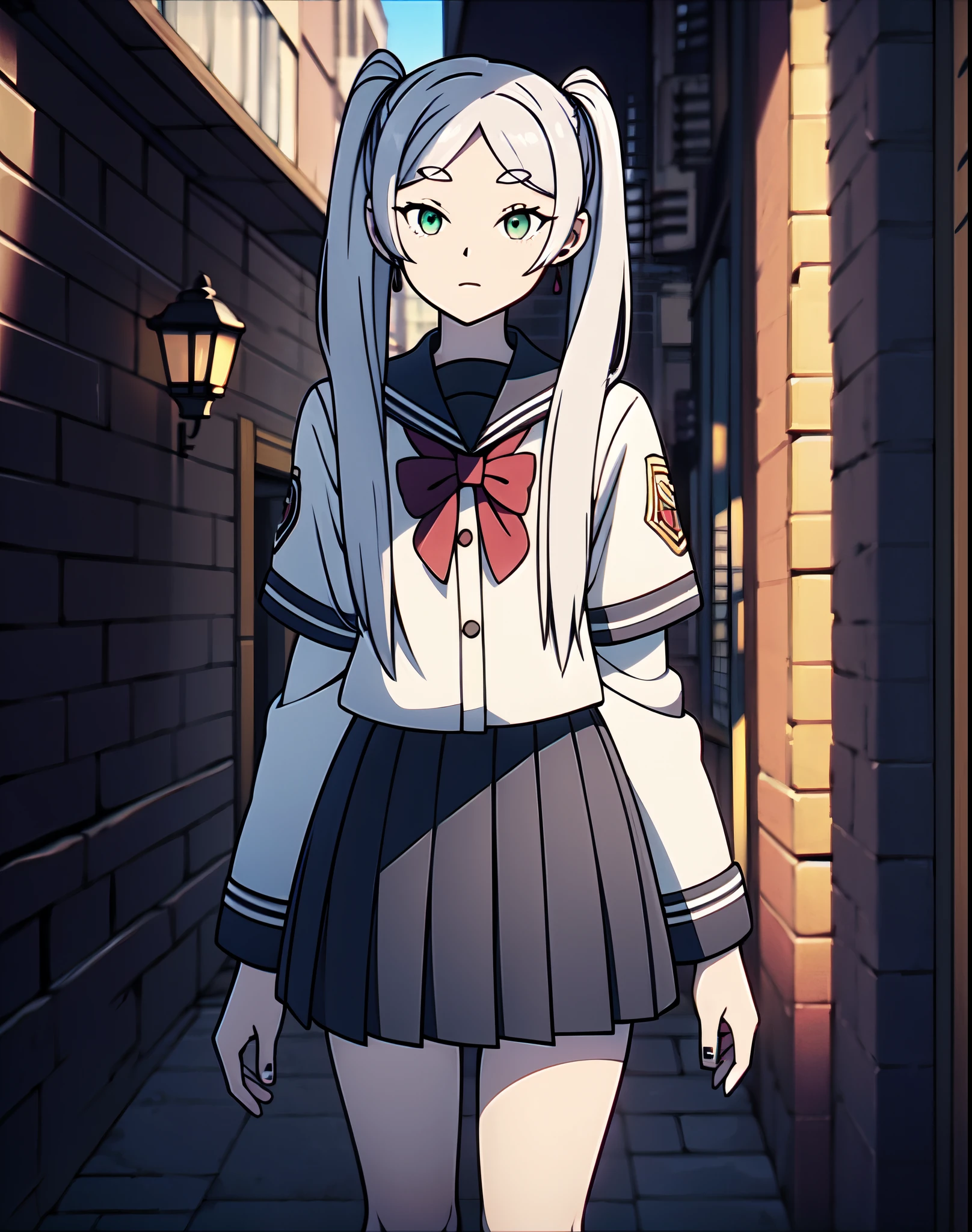 (masterpiece:1.2), (pale skin:1.2), (solo:1.2), (female:1.1), (emphasis lines:1.3), (school_uniform:1.3), courtyard, outdoors, white hair, twintails, (green_eyes)