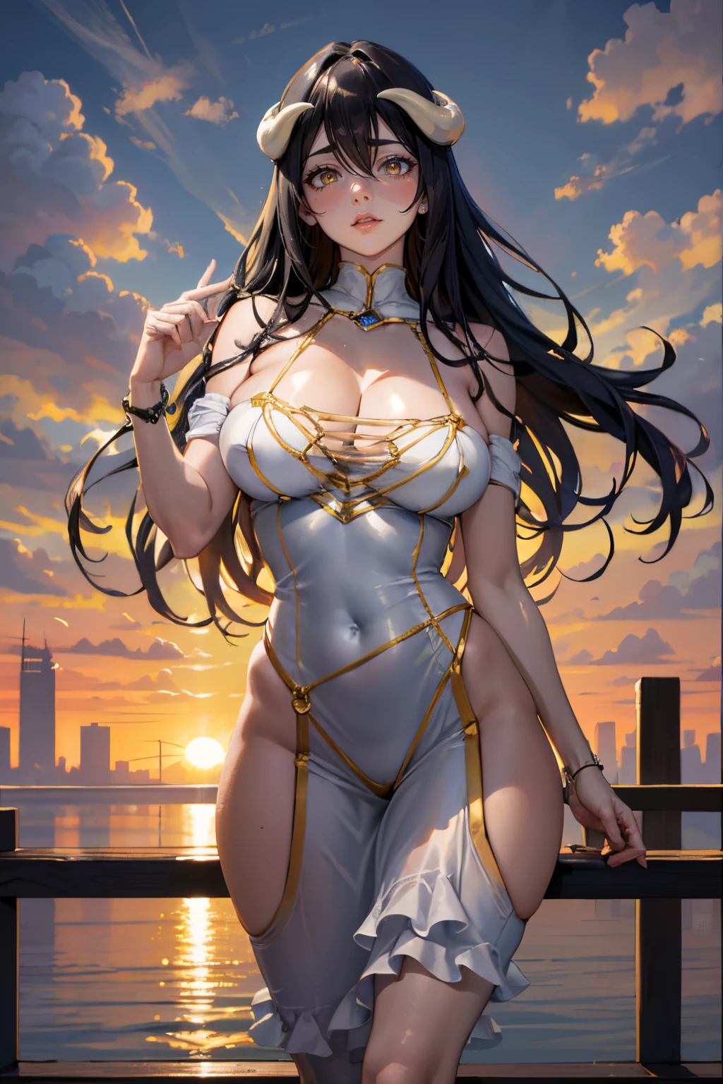 (Masterpiece:1.2, best quality:1.2, ultra-detailed), illustration, Albedo (overlord), wind blowing hair, (sparkling yellow eyes), ((symmetrical eyes)), (detailed eyes), (long eyelashes), thick long eyebrows, (blushing), (embarrassed face), red cheek, (detailed face), (glossy red lips), horns, (white slit dress), revealing dress, side slits, (body tight clothing), (beautiful large breasts:1.3), (round breasts), perky nipples, exposed cleavage, collarbone), slim waist, (waist chain), curvy body, thick thighs, (exposed side breasts), ((leaning against railing)), (river bridge), wooden bridge, (sunset in background), beautiful sunset scenery, river, ((rear view from below)), (looking down), front view, (pov thighs), (sunset sky, clouds), cinematic view, (digital illustration) ,(fantasy art), (highres:1.5), (blurry background), highly focused, award-winning, 8K,1080, intrinsic details, asethetic outdoors, ((symmetrical eyes)), ((detailed face)), ((detailed eyes)), (((detailed fingers))), (beautiful fingers)