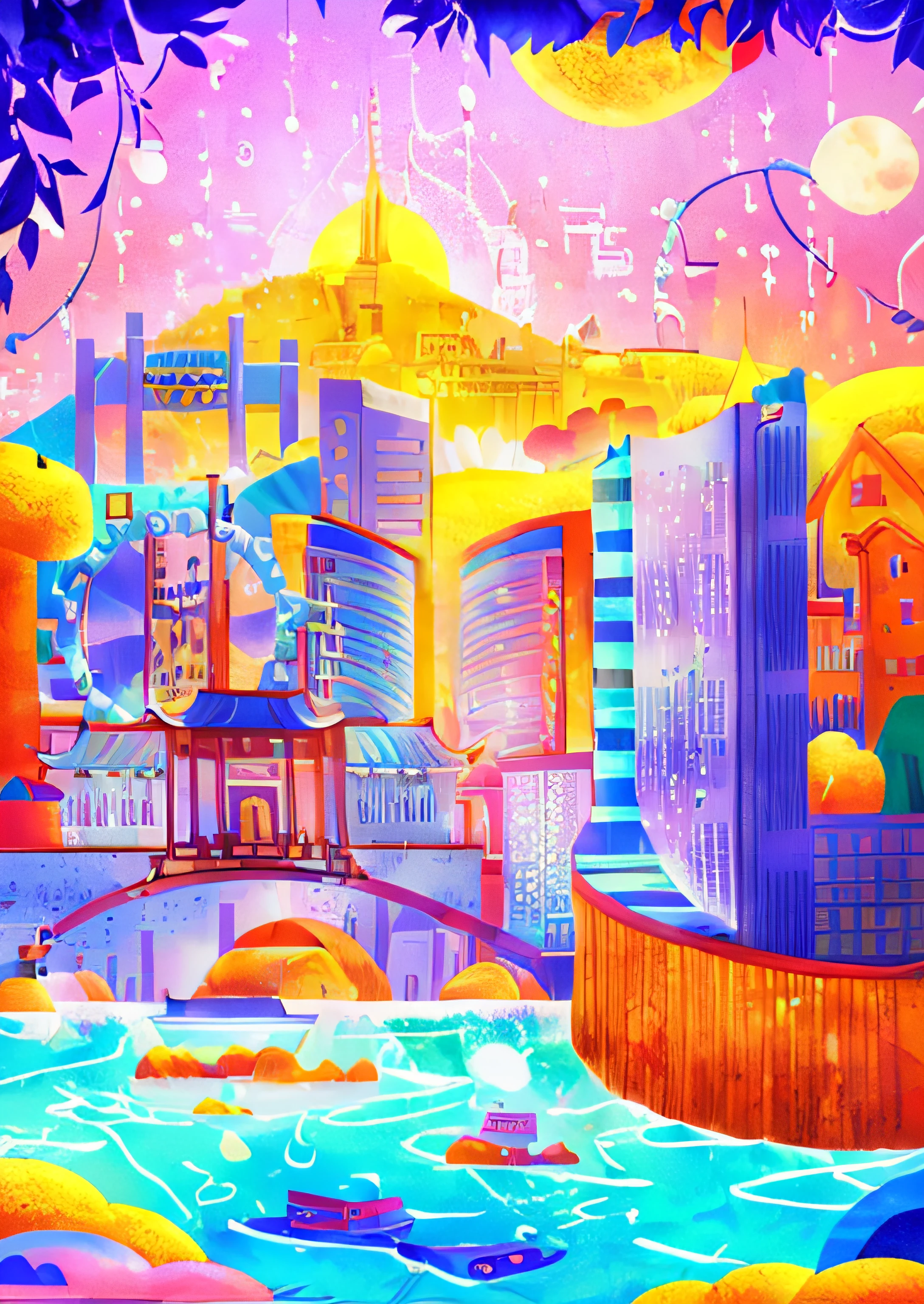 City image with bridge and bell tower, Anime city line drawing, metropolis background, stylized lines, cybernetic city background, Coloring book pages, anime style cityscape, Line art coloring page
