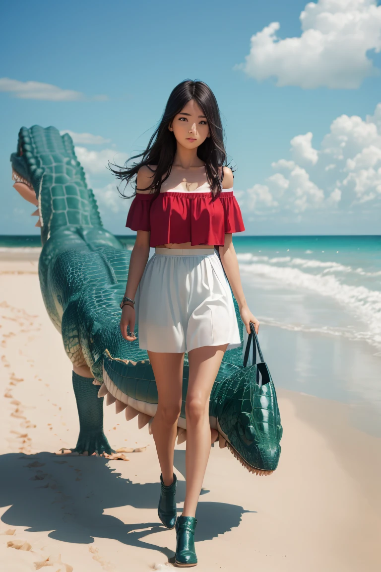 A girl walking on the beach meets a blue crocodile