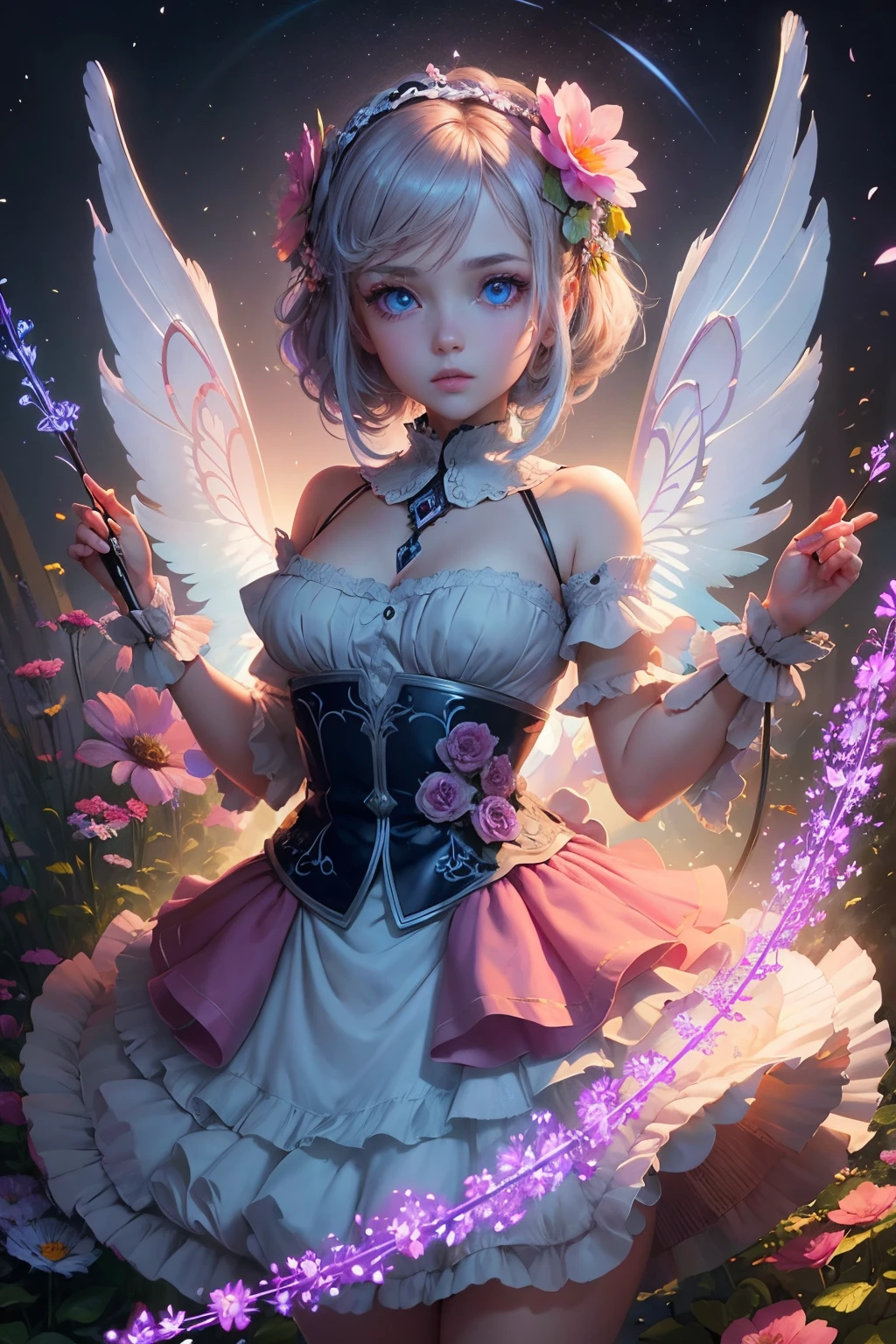 gradient eyes, finely detailed beautiful eyes, symmetrical eyes, big highlight on eyes,
(heterochromia:1, Bright pink eyes with blue eyes:1),
break,
(Flower Bride),
(Wings that pulsate with neon lights:1),
A light dress that delicately radiates a faint glow,
break,
diffuse reflection,maximalism, scattered glitch pixels,
break,
(Flower garden background, Garden of flowers:1.1),
(masterpiece:1), illustration, best quality, best aethetic, beautiful art, ultra-detailed, 8k, HDR, sharp focus, intricate,
OuterWorldAI,mirrornun