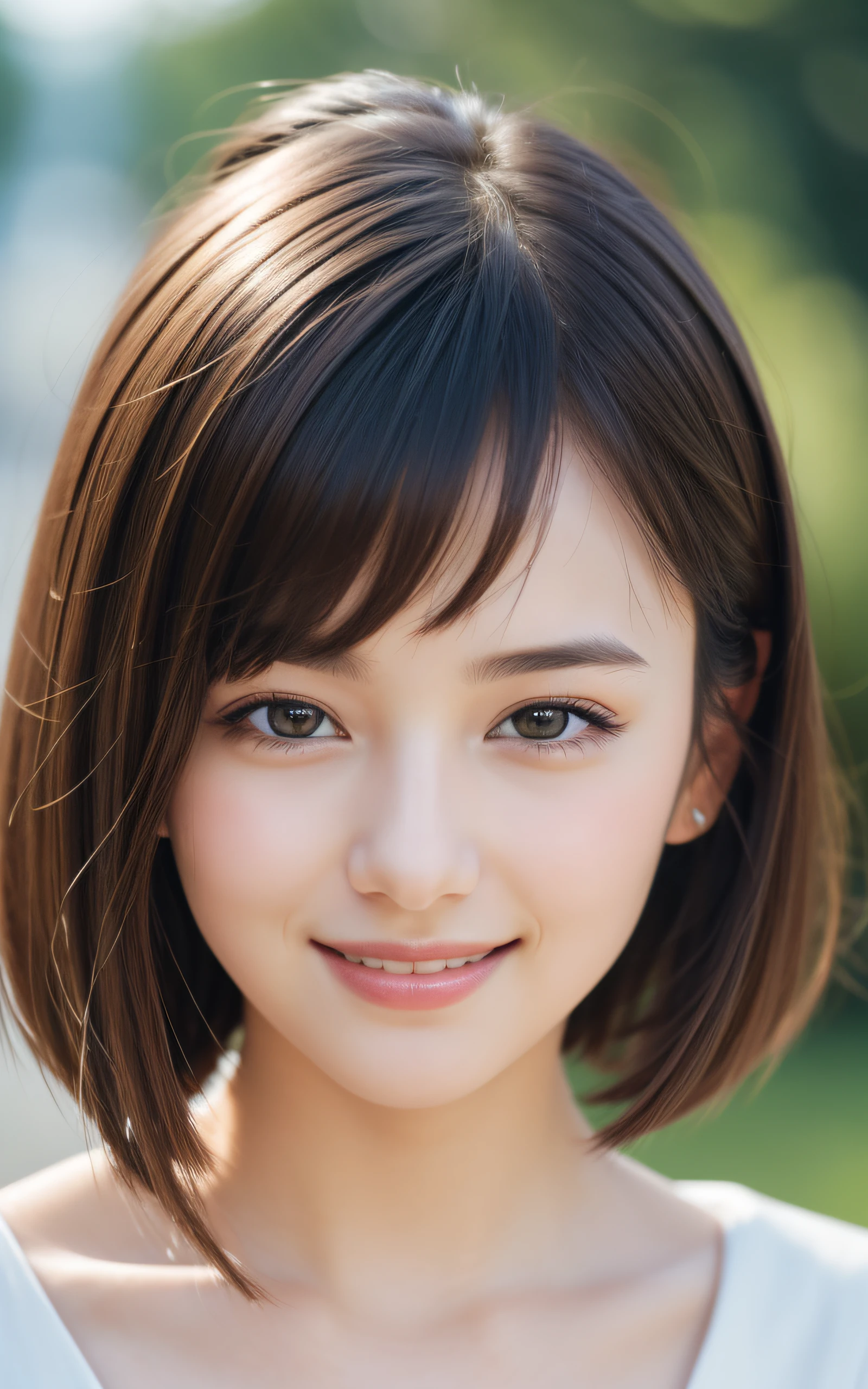 masutepiece, Best Quality, 8K, 1 girl, close-up, Close-up of face, 20 yo, cute little, Solo, Arch Smile, Cute, Girly, Delicate girl, Neat and clean beauty,  Raw photo, Professional Photography, Portrait, Soft light, Professional Lighting, Back lighting, look forward to your eyes, Sophisticated, Film grain, (Eyes and faces with detailed:1.0), Short-length floating hair, Beautiful flowing hair, Bangs