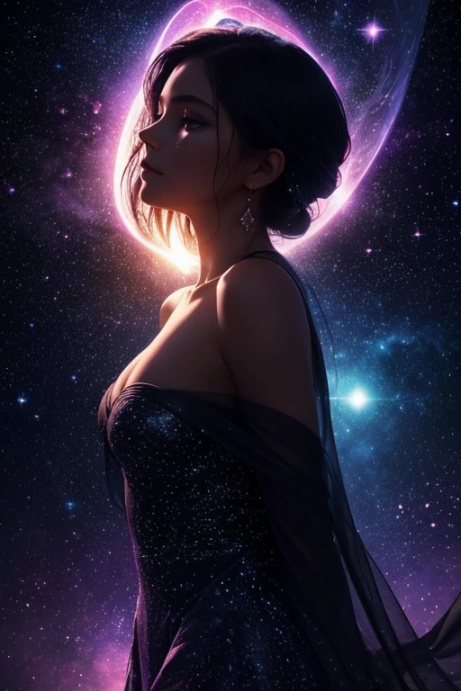 Create a surrealistic scene where a silhouette stands as the central figure, gazing upwards, embodying the longing for the true self. Within this silhouette, depict a vast cosmos, teeming with deep purples, blues, and the occasional glint of starlight, representing the universe within. The heart of the silhouette is a vibrant, flickering flame, symbolizing burning love, with stars gently cascading down like tears, glowing softly against the cosmic backdrop. Employ dynamic lighting to cast an ethereal glow on the heart and create a subtle luminescence around the tear-like stars. Use soft focus techniques to draw the viewer's eye to the silhouette, with a bokeh effect that makes the cosmic elements appear dreamlike. Add texture to give a tactile feel to the image, suggesting the profound emotional layers of the scene. The composition should be centered on the silhouette, with a close-up that captures the interplay of light and shadow, highlighting the figure's infinite potential and deep connection to the universe. Balanced composition