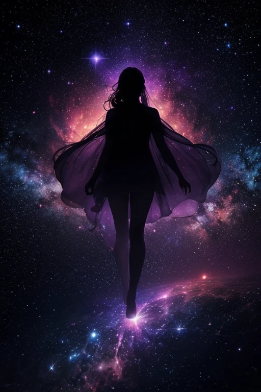 Create a surrealistic scene where a silhouette stands as the central figure, gazing upwards, embodying the longing for the true self. Within this silhouette, depict a vast cosmos, teeming with deep purples, blues, and the occasional glint of starlight, representing the universe within. The heart of the silhouette is a vibrant, flickering flame, symbolizing burning love, with stars gently cascading down like tears, glowing softly against the cosmic backdrop. Employ dynamic lighting to cast an ethereal glow on the heart and create a subtle luminescence around the tear-like stars. Use soft focus techniques to draw the viewer's eye to the silhouette, with a bokeh effect that makes the cosmic elements appear dreamlike. Add texture to give a tactile feel to the image, suggesting the profound emotional layers of the scene. The composition should be centered on the silhouette, with a close-up that captures the interplay of light and shadow, highlighting the figure's infinite potential and deep connection to the universe. Balanced composition