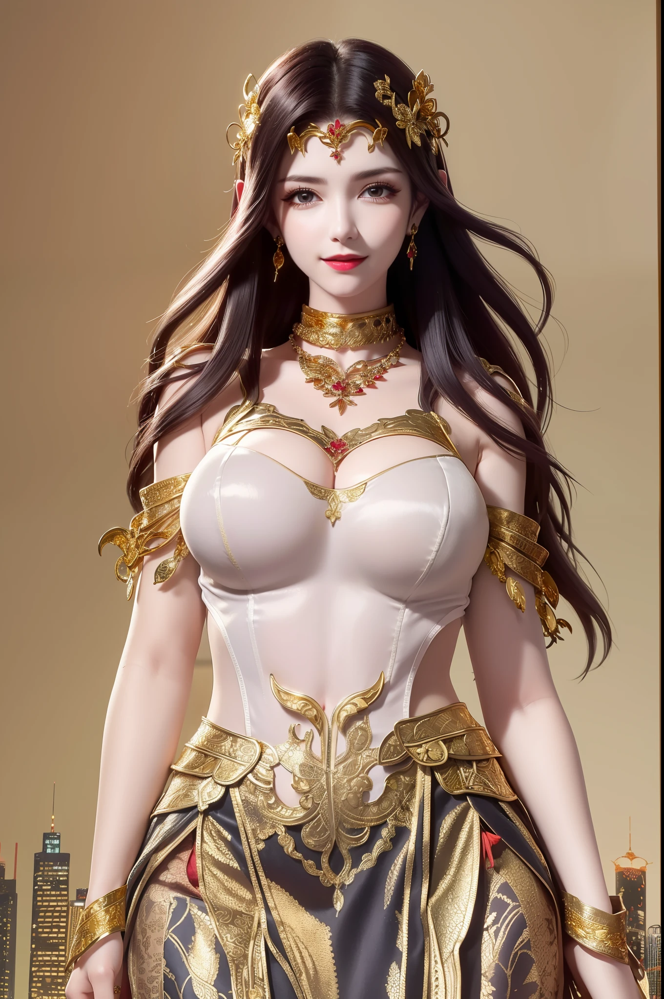 1girl,jewelry,long hair, hair ornament, necklace, cutout,navel,cleavage, dress, forehead jewel, pants, mature female, cityscape, night, looking at viewer, (Large Breasts), perky breasts, hands together, arms below breasts, smile, ((red n gold batik satin)),