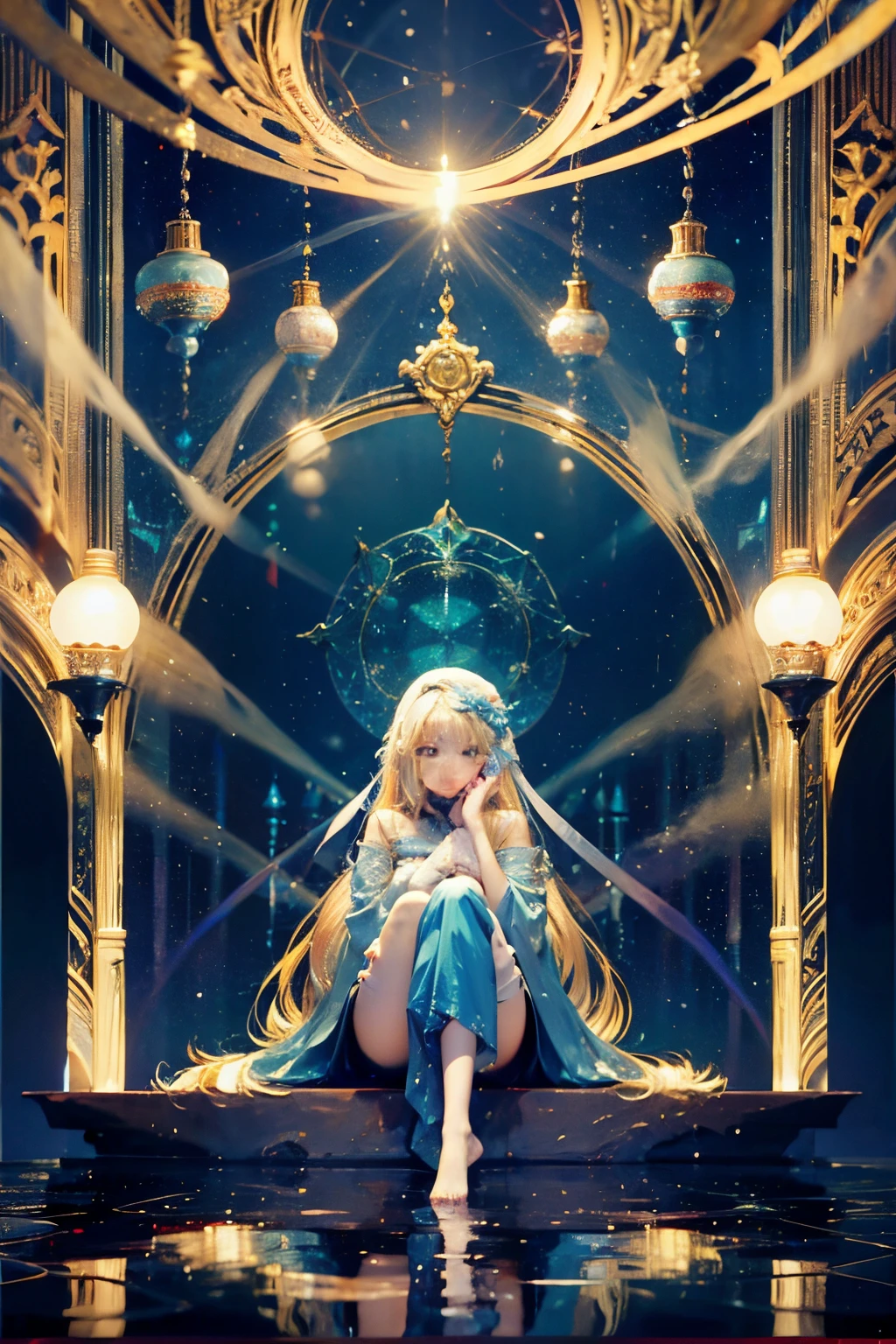 Fortune-telling girl, 23 years old, adorable and mysterious, sitting with big eyes, a full-body figure, golden hair, surrounded by the mystique of tarot cards. The ground reflects a water mirror, and there's a crystal ball and a cute cartoon magic wand. The image clear, presented in a square format --auto --s2