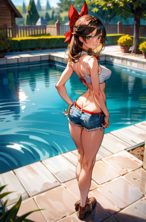 1girl, child, free hair, shiny hair, parted bangs, garden, artificial pond, full body, smile, (nipple contour:1), hand on hip, slim body, detailed background, large ass,
(Thin waist:1.2), red bow, white camisole, midriff, (wide hips:1.3), standing, shorts, arched back, blue eyes, brown skin, tiptoe, perky breasts