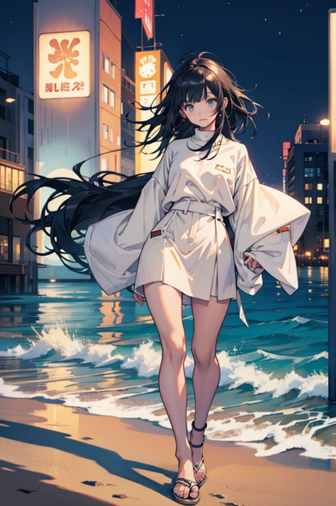 Beautiful young girl with oversized clothes and floating hair on the beach at night,