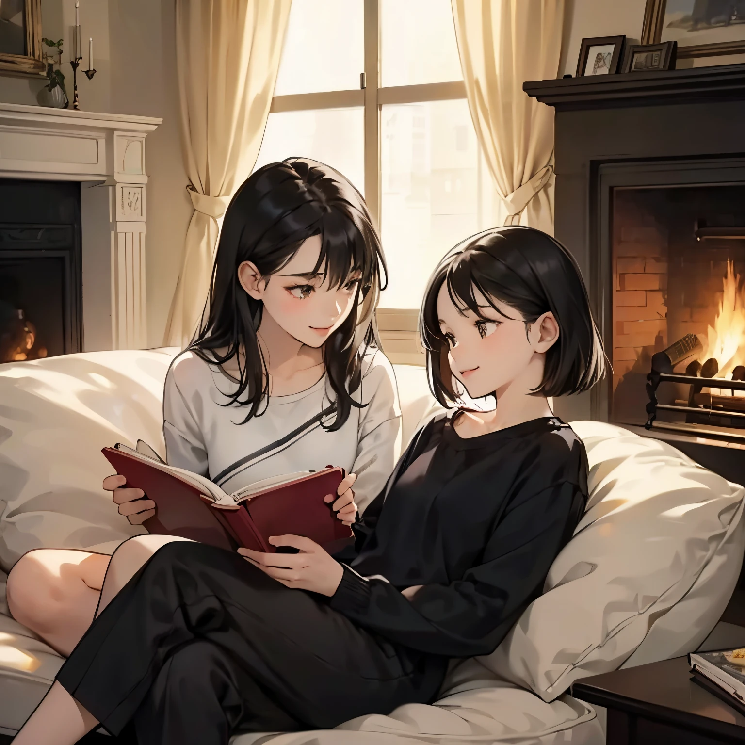 Sisters who are different in age are reading a picture book together,my sister has long black hair and is very beautiful.,My sister has short brown bob hair and is very cute.,Smiled,tre anatomically correct,Precise fingers,Winter loungewear,in a room with a fireplace,Picture book with cute cover,photorealisim,masterpiece,A delightful,