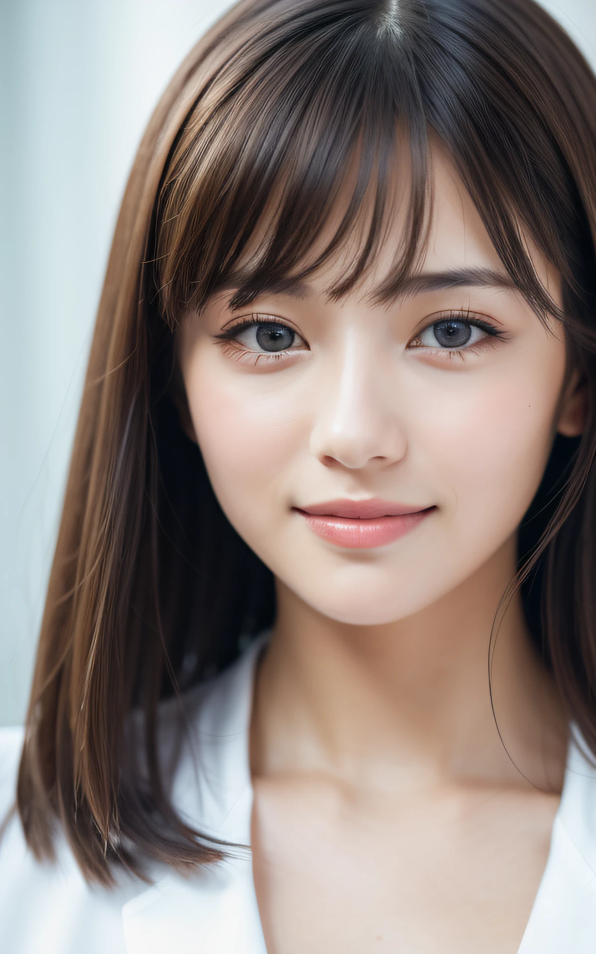 masutepiece, Best Quality, 8K, 1 girl, close-up, Close-up of face, 20 yo, cute little, Solo, Arch Smile, Cute, Girly, Delicate girl, Neat and clean beauty,  Raw photo, Professional Photography, Portrait, Soft light, Professional Lighting, Back lighting, look forward to your eyes, Sophisticated, Film grain, (Eyes and faces with detailed:1.0), Short-length floating hair, Beautiful flowing hair, Bangs