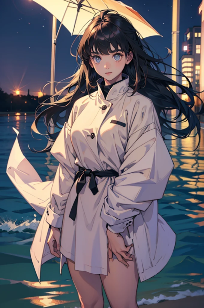 Beautiful young girl with oversized clothes and floating hair on the beach at night,