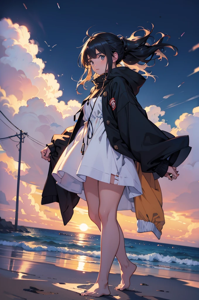 Beautiful young girl with oversized clothes and floating hair on the beach at night,