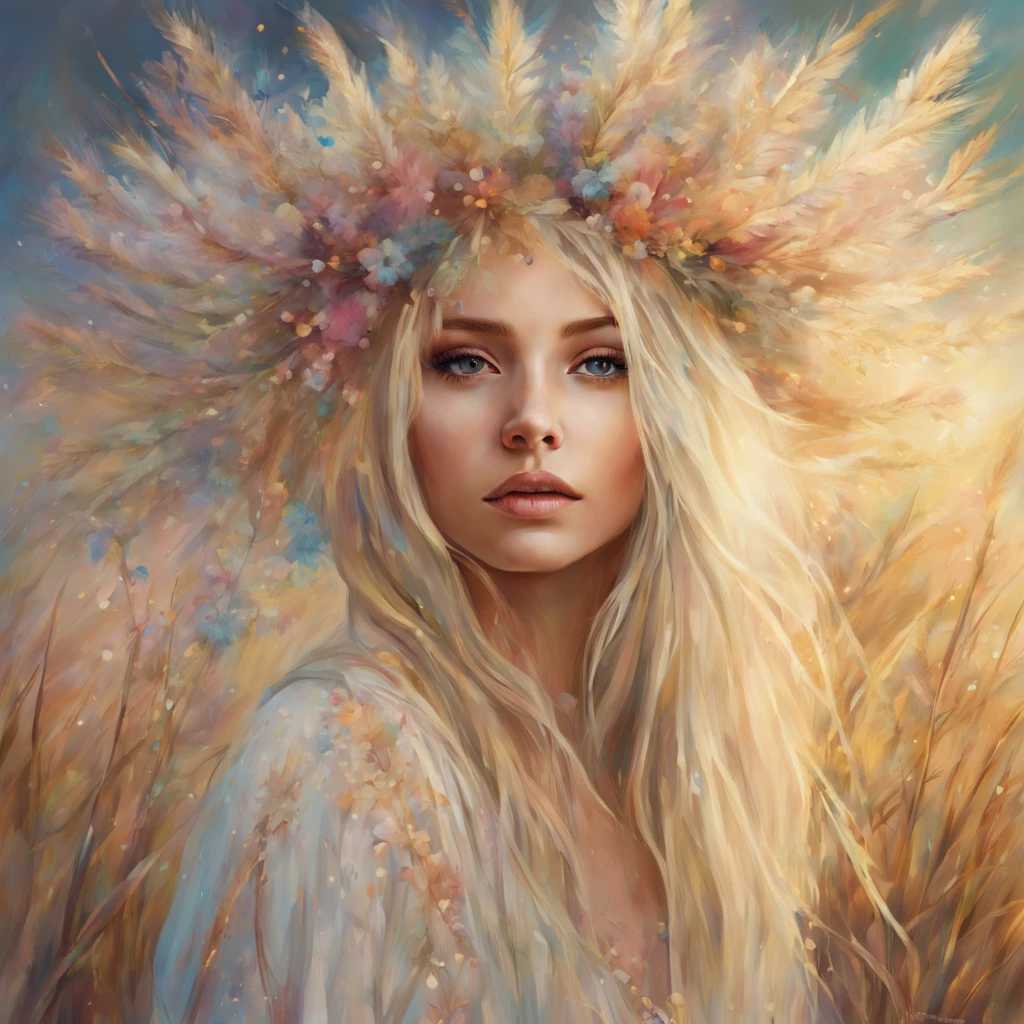 Beautiful hippie girl, Boho-chic, Wildflowers, Pampas grass, abstract, florals, Fantasy, Beautiful, Bohemian, Realistic, pastel colours, Golden threads, drops, Twists, sparks, octans, brightly, Large