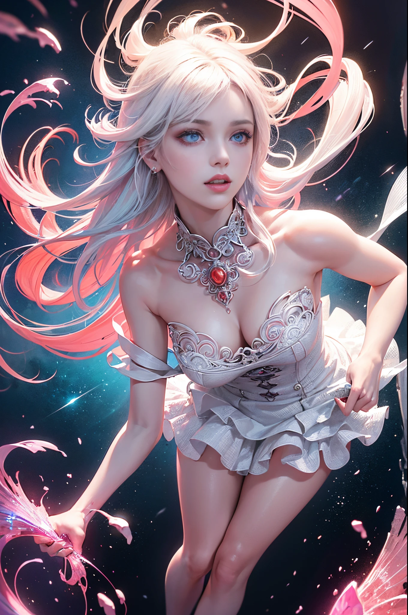 coralbug (albino woman, white hair styled voluminous waves), photo RAW, (black, dark red and neon pink : shiny aura,perfect eyes, blue eyes:1.2,highly detailed, red filigree, intricate motifs, organic tracery, glowing stardust , perfect composition, smooth, sharp focus, sparkling particles, lively coral reef background Realistic, realism, hd, 35mm photograph, 8k), masterpiece, award winning photography, natural light, perfect composition, high detail, hyper realistic
