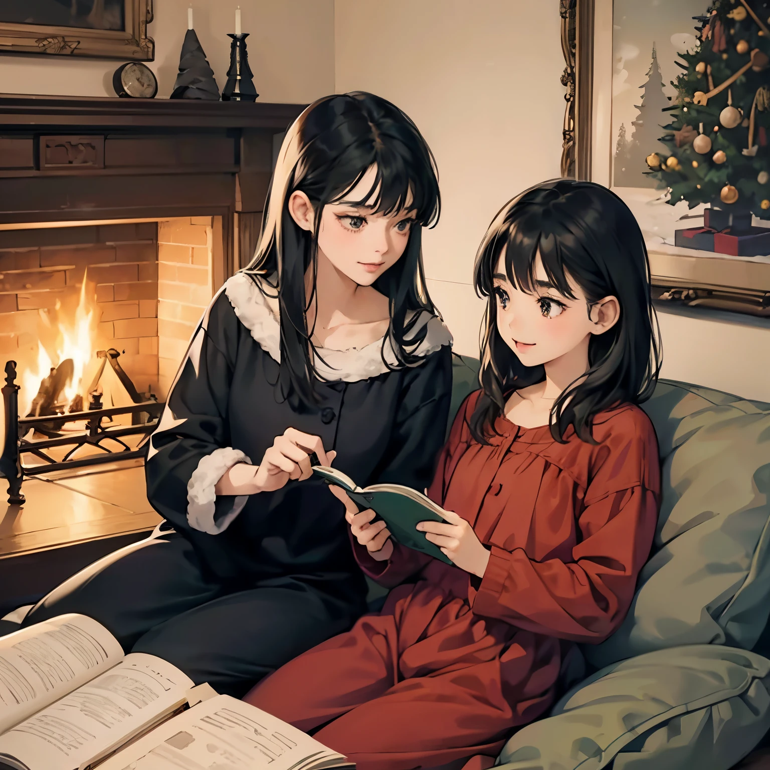 Sisters who are different in age are decorating the Christmas tree together,Looks fun,my sister has long black hair、She is beautiful in a nightgown.,My sister has short brown bob hair and is cute in her pajamas..,tre anatomically correct,Precise fingers,Christmas tree decorated with many ornaments,Room with fireplace,A delightful,photorealisim,masterpiece,