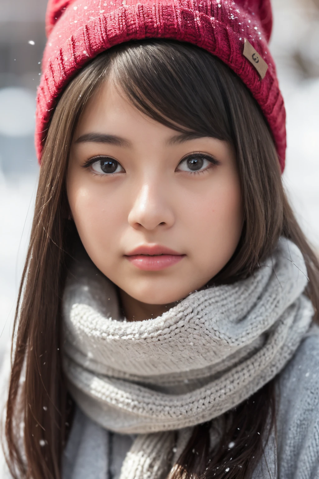 ((Show face only、Close-up of face、crouching down、Kamimei、Moe Sleeve、put both hands on your chin))、(realisitic、Photorealsitic、ultra-detailliert、Highest Details Skins、top-quality、masterpiece、超A high resolution)、Cute Japan Woman、sixteen years old、hi-school girl、younggirl、Thin makeup、no-makeup、1 girl in、I have bangs、二重まぶた、drooing eyes、Japanese style face、View here、Realistic skin type、Thick gray muffler、fluffy hair、hair bulging with a scarf、Hair overflowing from scarf、Red cheeks、The wind is blowing、It's snowing、illuminations、Lighting from behind、knit hat