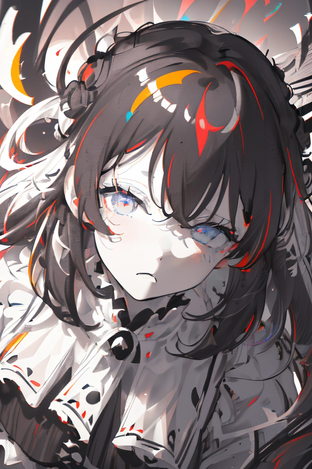 \\Ultra HD 16K Best Quality//((Hyper detailed, insane detailed(Close-up solo girl, majestic colorful blurred background, perfect face(Very Dynamic Angle, Black and White hair color, high contrast)))) Detailed ash eyes color