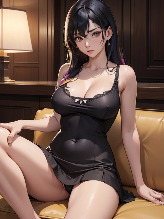 (top-quality,High resolution,(Ultra high definition,4K), (超A high resolution,in 8K),masutepiece:1.2), (Angle from below), (Perfect Anatomy,Anatomically accurate), (Soft lighting, 光线追踪), (((Open legs sitting on a sofa in the lobby of a luxury hotel))), ((Tifa Lockhart)), cute school girl), Black spats, (cute nightgown), Cute panties, (Crisp double eyelids), (fascinated expression),(Large breasts:1.3),(Soft skin), (Photorealistic), (Wheat colored skin), (colourful hair)