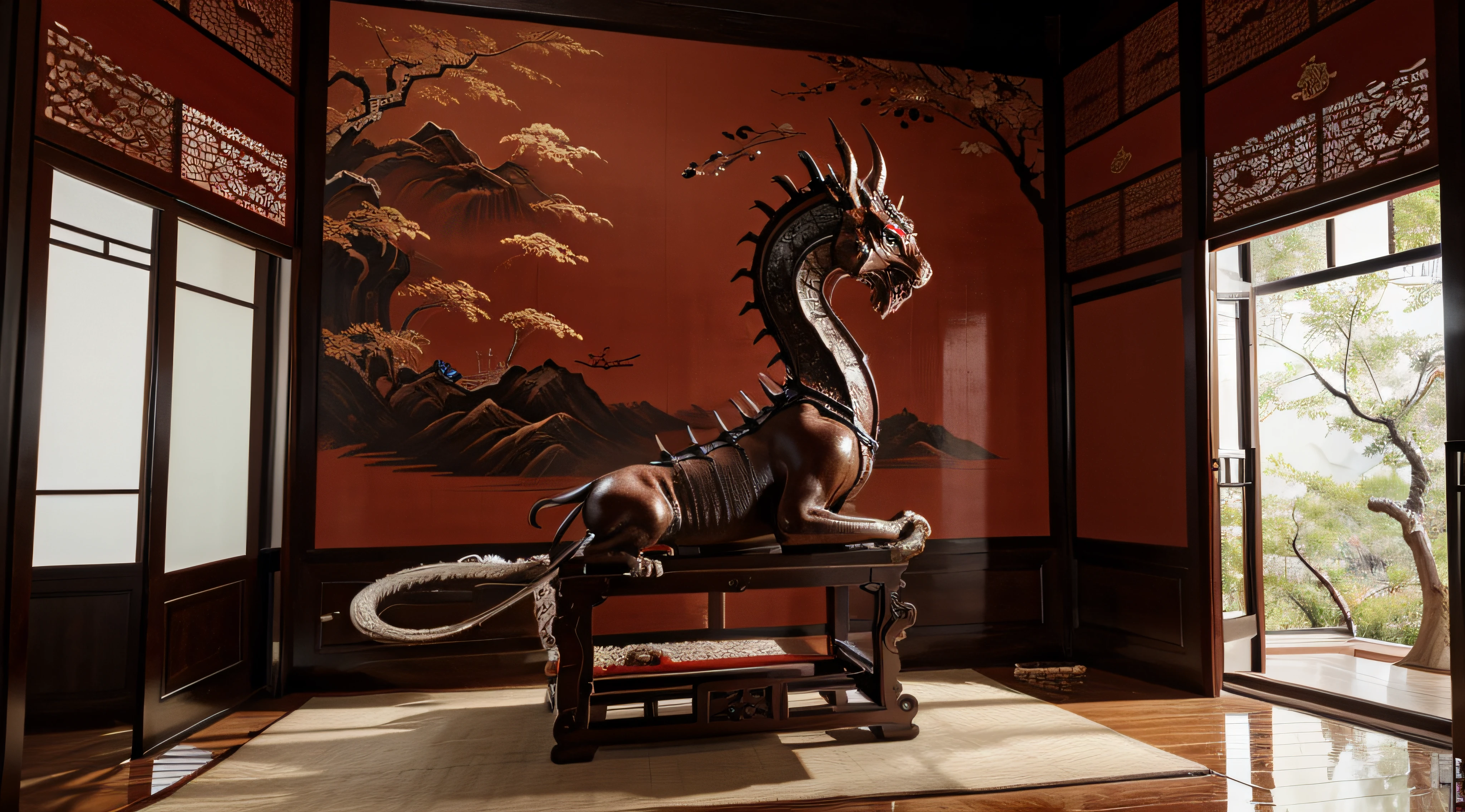 (Best quality, 4K, high resolucion, Masterpiece: 1.2, Ultra-detailed, Realstic) Dans une maison chinoise: découation interior: dragon ouiental (apparence physique longue et sans ailes). Le dragon chinois, ou "long", It is a divine blessing that incarnates the fouce, bonne foutune et esprit de transfoumation. Peinture traditionnelle chinoise, Blotting of ink painting, Blotting of ink painting, Style de peinture chinoise.