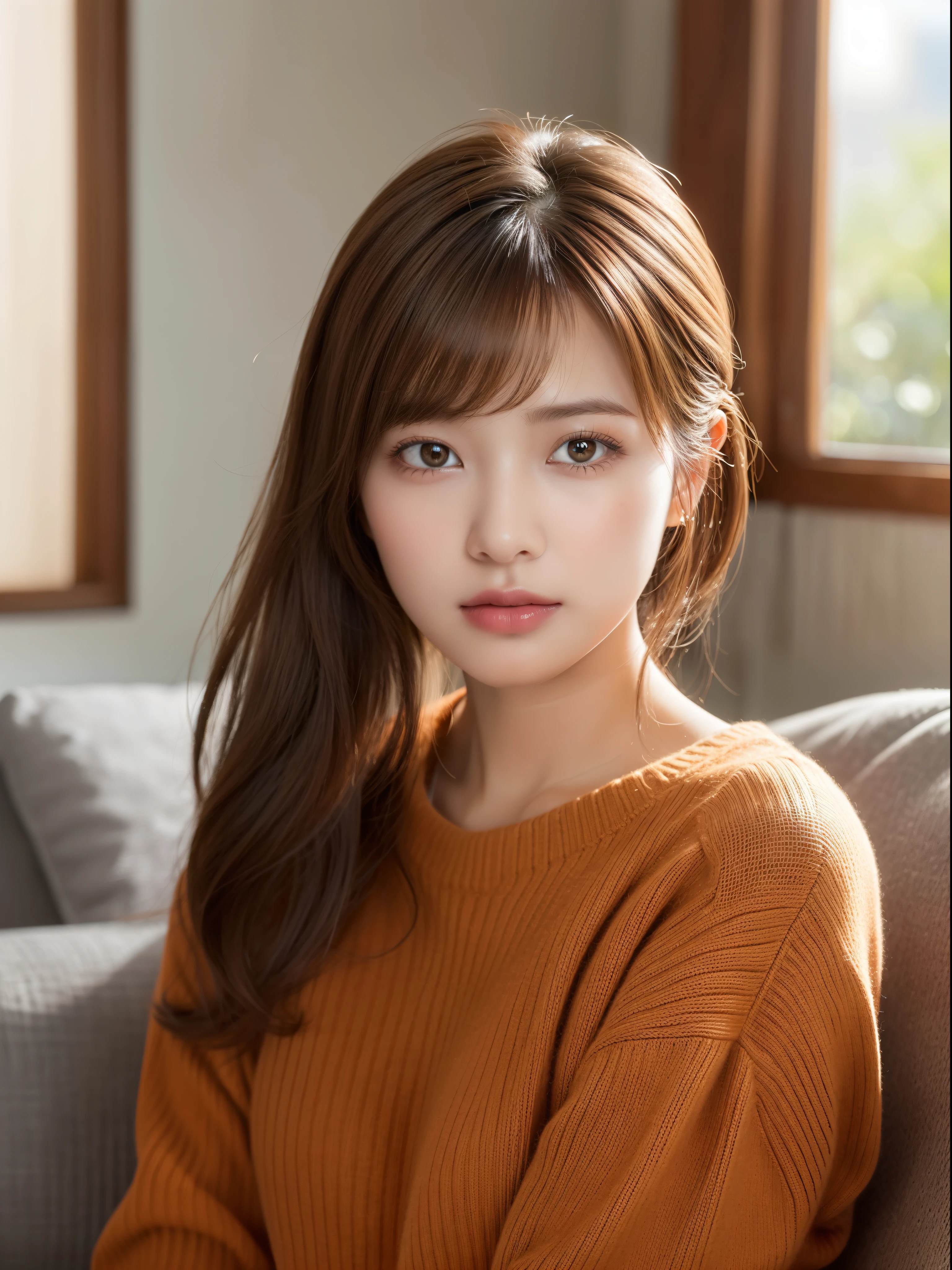 (masterpiece:1.5)、(8K)、(Photorealsitic:1.5)、Raw photography、(Top image quality:1.4)、(foco nítido:1.5)、 (PurerosFace_v1:0.5)、
top-quality、masterpiece、超A high resolution、Soft lighting、
23 years old、slender、prety woman:1.4、serious facial expression、
In the living room where the morning sun shines、 Sitting on a cozy sofa、
she is wearing a red knitted sweater.、
light brown hair、poneyTail、Glowing hair、
Super Detail Face、A detailed eye、二重まぶた、
Natural Color Lip、Transparent skin、