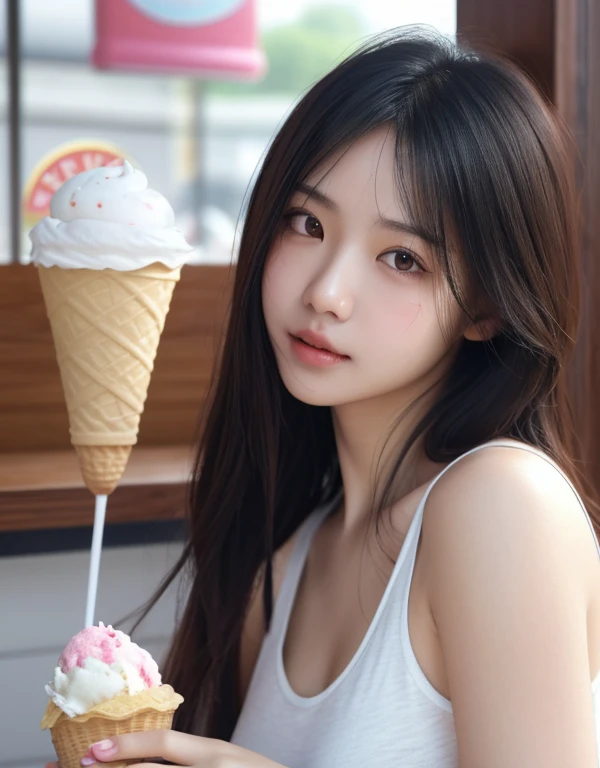 high quality picture, masutepiece, detailed hair texture, Detailed skin texture, Detailed Cloth Texture, 8K, Add fabric details, ultra detailed skin texture, ultra detailed photographic, Skin pores, Portrait of a girl, wearing tank top, lick icecream in ice cream shop