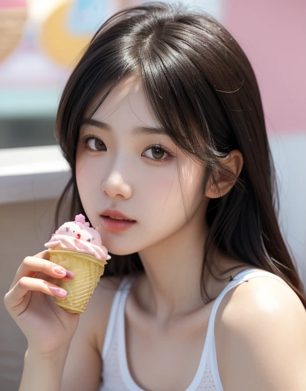 high quality picture, masutepiece, detailed hair texture, Detailed skin texture, Detailed Cloth Texture, 8K, Add fabric details, ultra detailed skin texture, ultra detailed photographic, Skin pores, Portrait of a girl, wearing tank top, lick icecream in ice cream shop