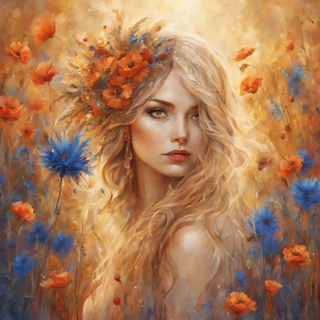 Beautiful hippie girl, boho chic, poppies, cornflowers, pampas grass, abstract, floral, fantasy, beautiful, bohemian, realistic, golden threads, drops, swirls, sparks, octane, brightly, Large