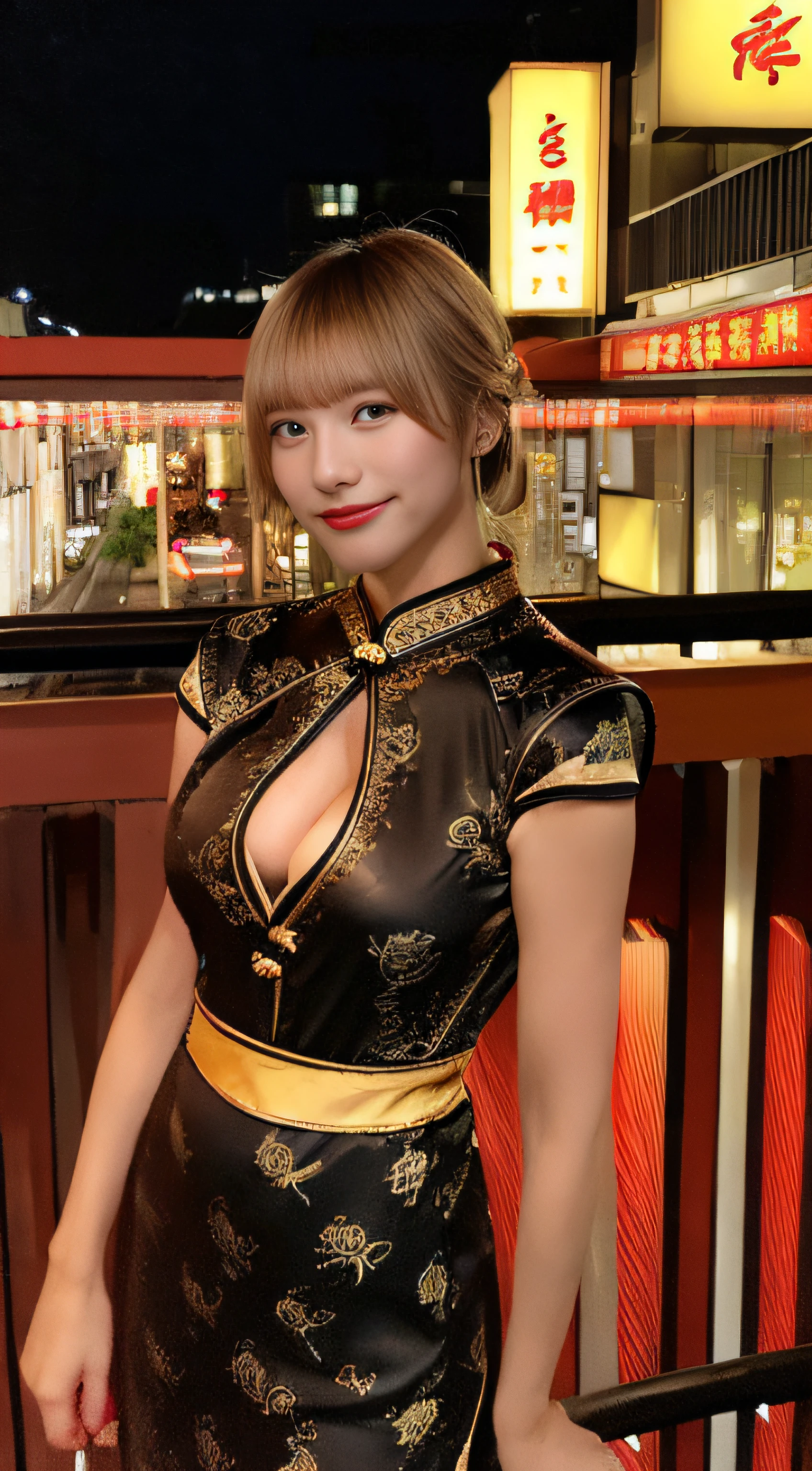 Night Bar Background、blondehair、, 8K, masutepiece: 1.3)), Self-shot, Sharp Focus: 1.2, Cute beauty with perfect figure: 1.4, Slim Big Breasts: 1.2, ((Brown Black, Big breasts: 1.2)) , ((Cheongsam Costume , semi-, highly fine breasts, Happy expression, Standing: 1.2), ((nighttime scene, balconies: 1.3 made with a female main focus)), Highly detailed facial and skin texture, Detailed eyes, Double eyelids,wearing red cheongsam
