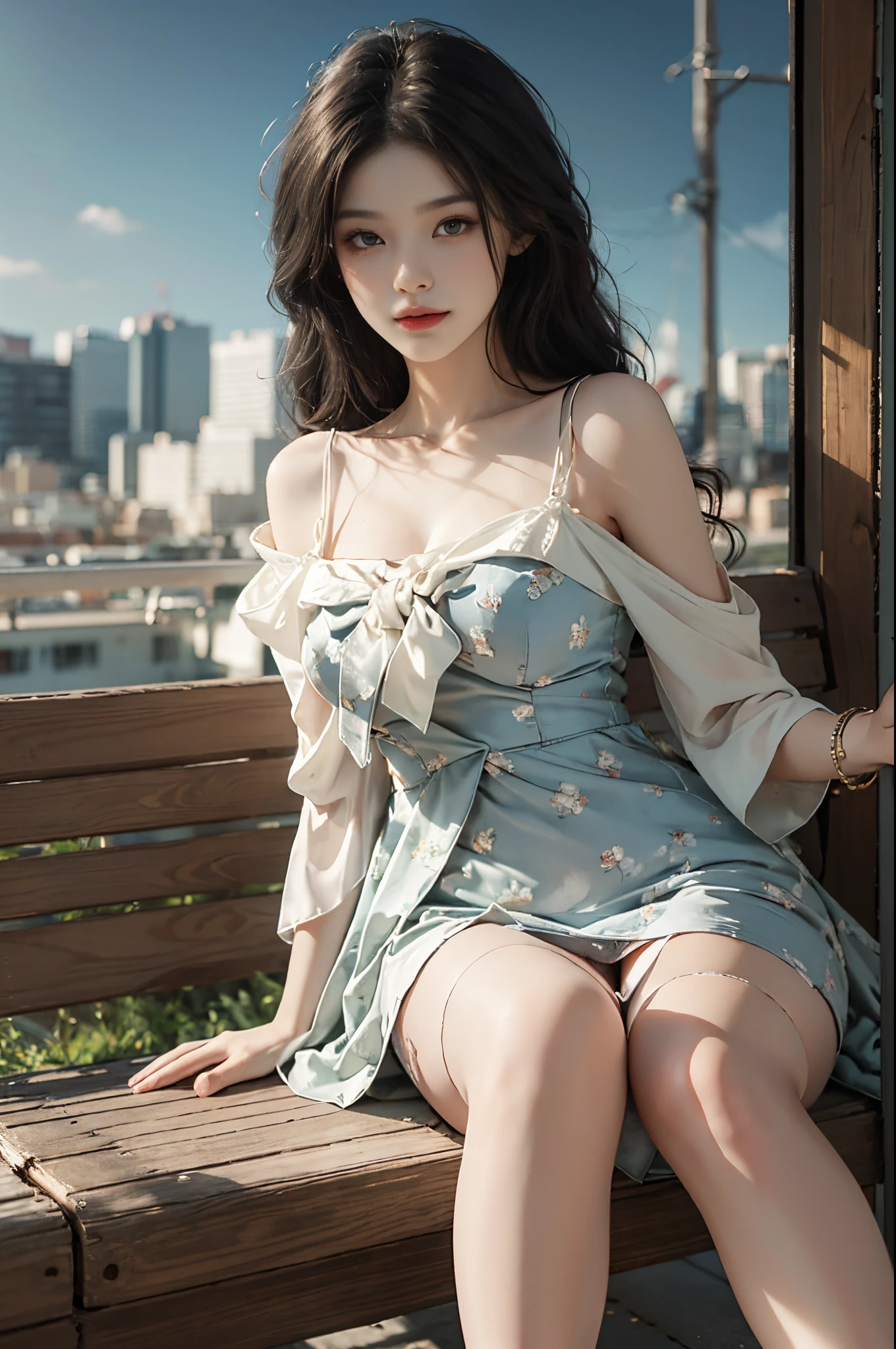 Sweet girl clothes5,high-waist skirt,jewelry,thighhighs, fashi-girl, red lips, mature female, makeup, Big eyes, Pretty eyes, ((full body)), ((Random shooting angles)), (best quality, masterpiece:1.2), ultra-detailed, (realistic:1.37), beautiful, youthful, glamorous model with (detailed eyes, detailed lips, extremely detailed eyes), with white and floral colors, showcasing a radiant smile, creating a breathtaking depiction of a girl, Warm tones, extremely high color saturation, official art,   extremely detailed CG unified 8k wallpaper,(High dynamic range :1.4), (cinematic),(soft colors,  dull colors,  soothing tones :1.3), (natural skin texture, ultra-realistic, soft light, sharp),(very detailed), Night, moonlight, In an antique pavilion, sit on a bench against the guardrail