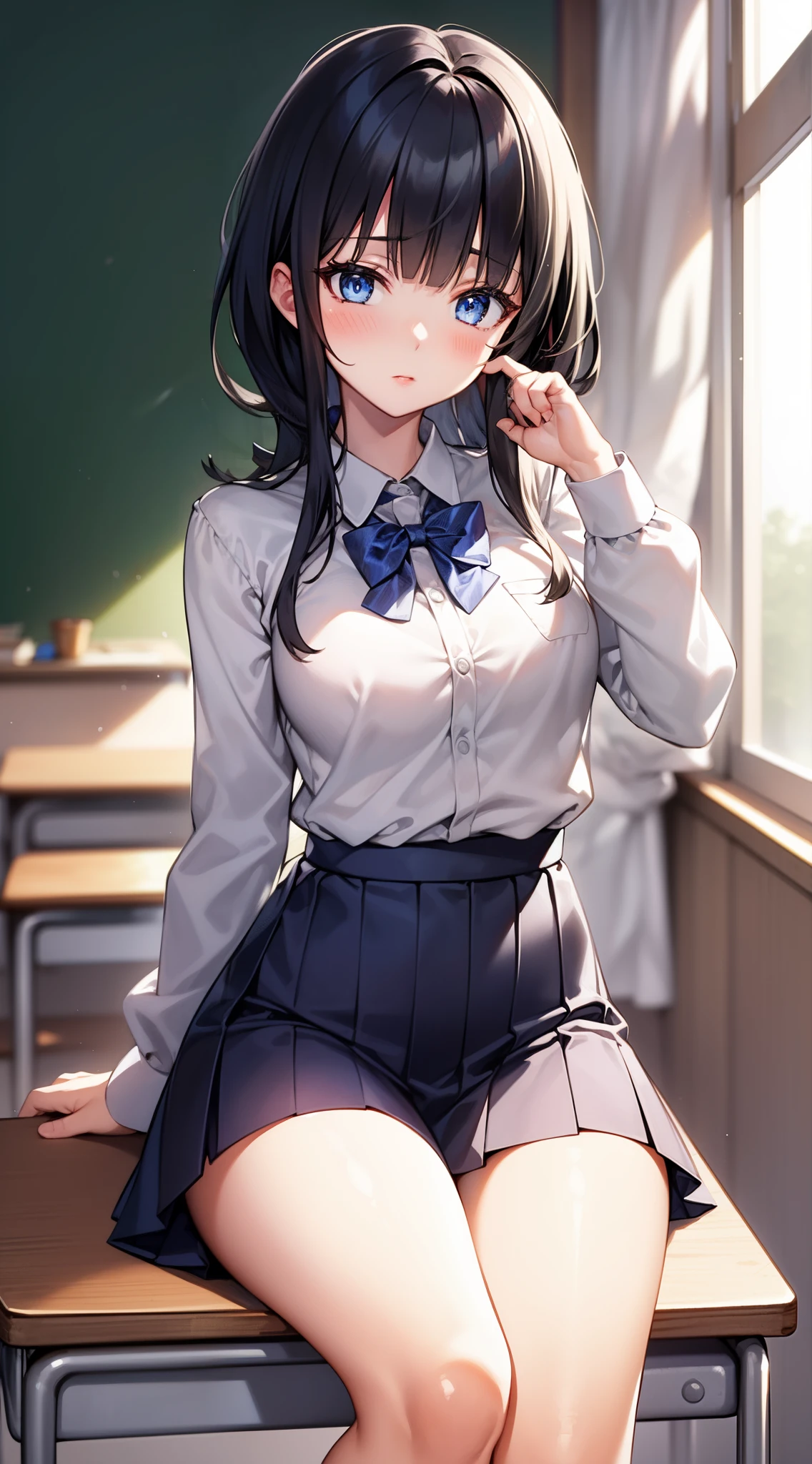 masterpiece, best quality, highres, 1girl, solo, bangs, light makeup, glossy lips, highly detailed, illustration, FGOErice, (school uniform), classroom, sitting