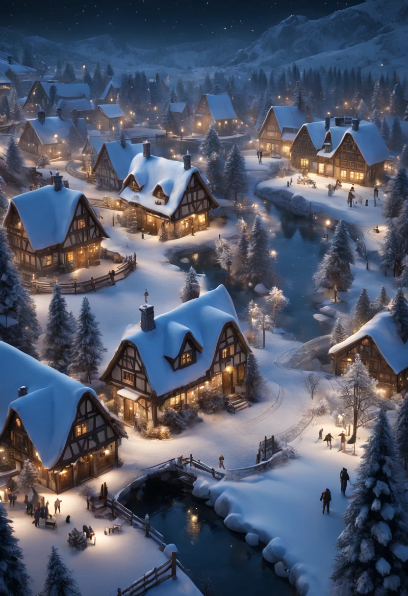 high detail, 8k, photorealistic, shot from above, A quaint, snow-covered medieval village at night. The scene features twinkling lights from cozy cottages in the village, a frozen pond with people ice-skating, a large christmas tree and snow-capped pine trees.