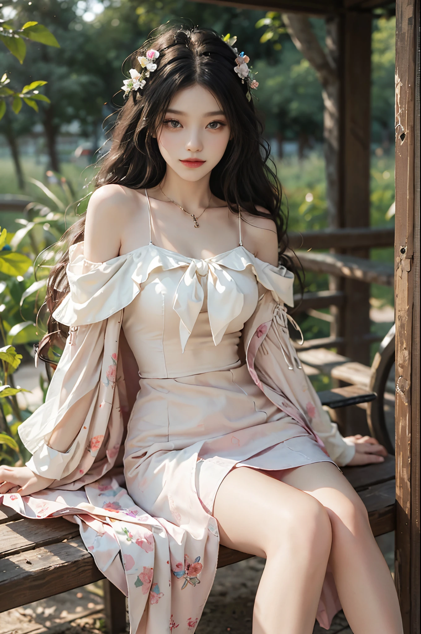 Sweet girl clothes5,high-waist skirt,jewelry,thighhighs, fashi-girl, red lips, mature female, makeup, Big eyes, Pretty eyes, ((full body)), ((Random shooting angles)), (best quality, masterpiece:1.2), ultra-detailed, (realistic:1.37), beautiful, youthful, glamorous model with (detailed eyes, detailed lips, extremely detailed eyes), with white and floral colors, showcasing a radiant smile, creating a breathtaking depiction of a girl, Warm tones, extremely high color saturation, official art, extremely detailed CG unified 8k wallpaper,(High dynamic range :1.4), (cinematic),(soft colors, dull colors, soothing tones :1.3), (natural skin texture, ultra-realistic, soft light, sharp),(very detailed), Night, moonlight, In an antique pavilion, sit on a bench against the guardrail