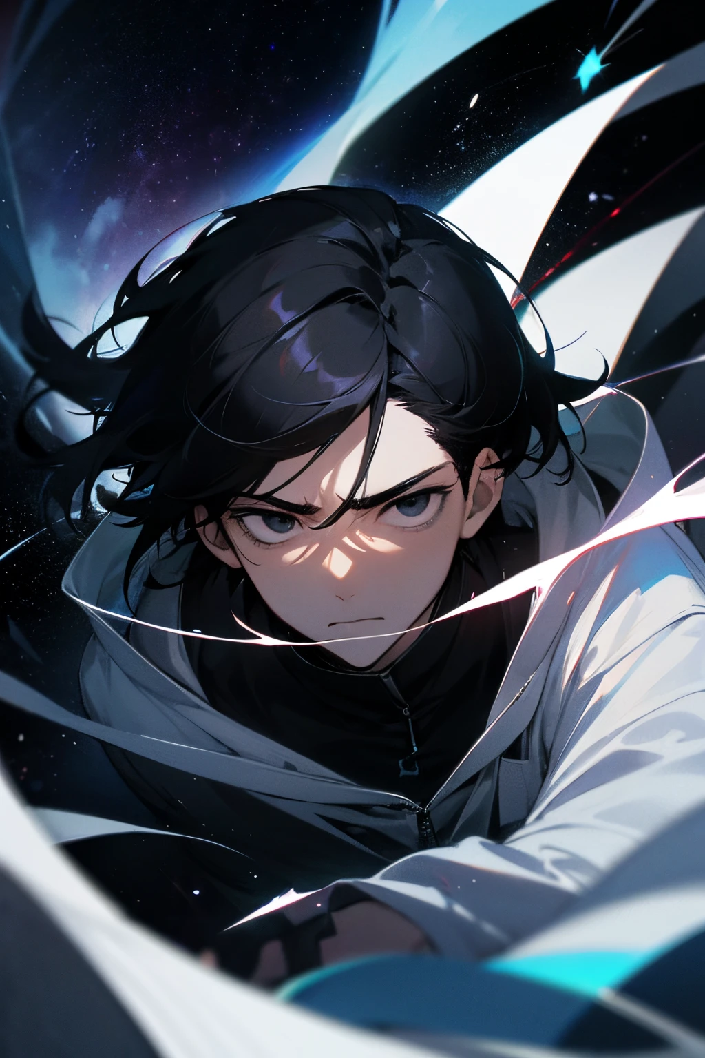 Man, black hair, cold expressionless face, handsome, black eyes with white aura, blackhole, void, space
