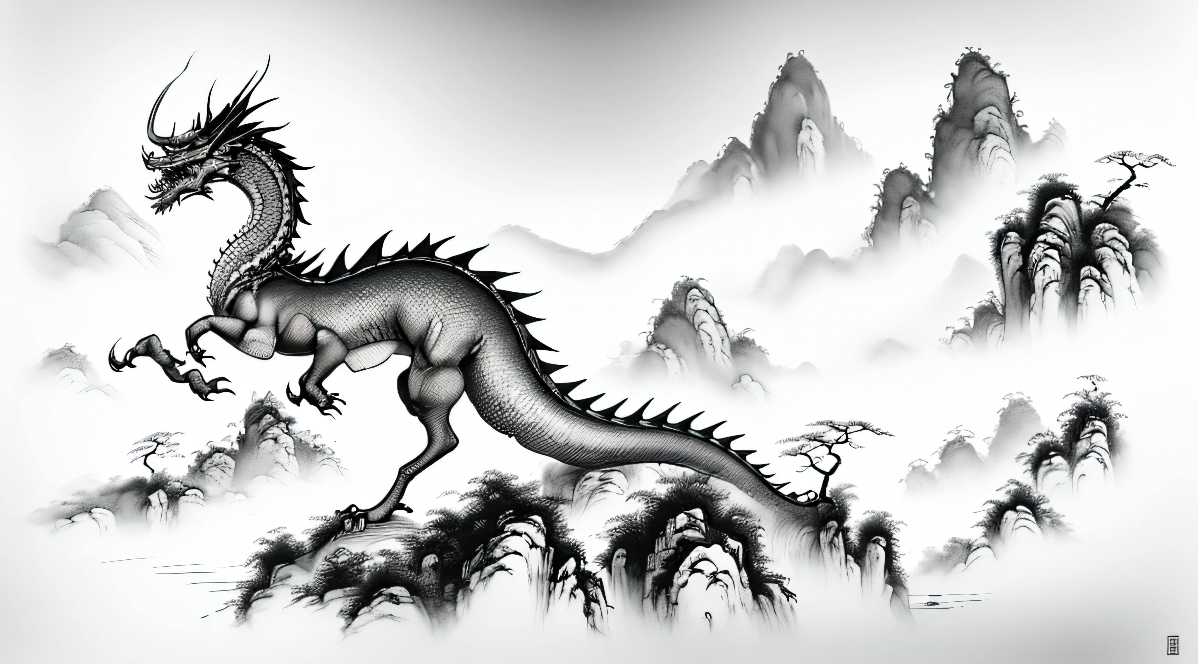 (Best quality, 4K, high resolucion, Masterpiece: 1.2, Ultra-detailed, Realstic) Mushu (Mulan) ouiental dragon: long, apparence physique sans ailes (sans ailes). Le dragon chinois, ou "long", It is a divine blessing that incarnates the fouce, bonne foutune et esprit de transfoumation. Peinture traditionnelle chinoise, Blotting of ink painting, Blotting of ink painting, Style de peinture chinoise.