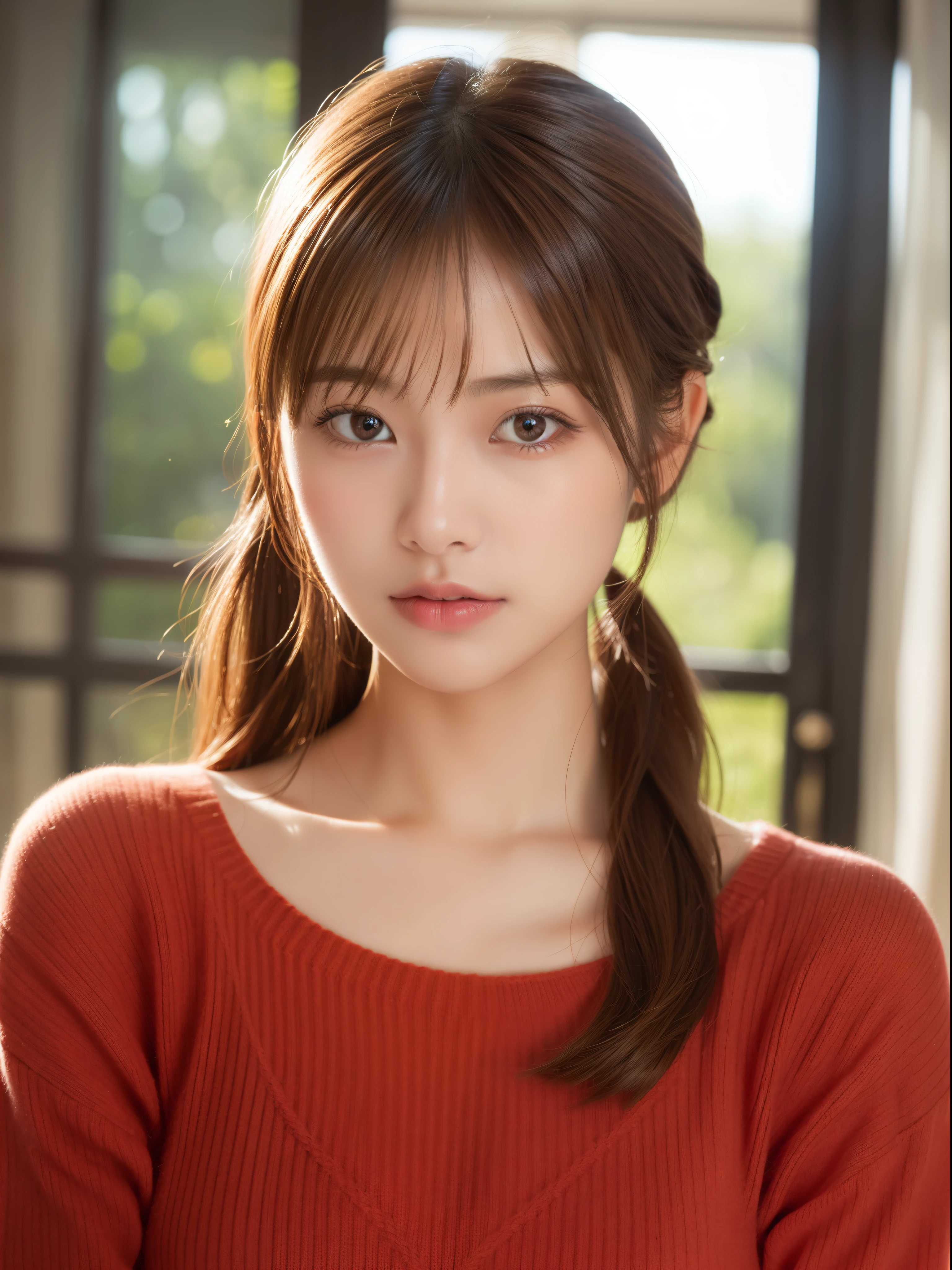 (masterpiece:1.5)、(8K)、(Photorealsitic:1.5)、Raw photography、(Top image quality:1.4)、(foco nítido:1.5)、 (PurerosFace_v1:0.5)、
top-quality、masterpiece、超A high resolution、Soft lighting、
23 years old、slender、prety woman:1.4、serious facial expression、
In the living room where the morning sun shines、 Standing、
she is wearing a red knitted sweater.、
light brown hair、poneyTail、Glowing hair、
Super Detail Face、A detailed eye、二重まぶた、
Natural Color Lip、Transparent skin、