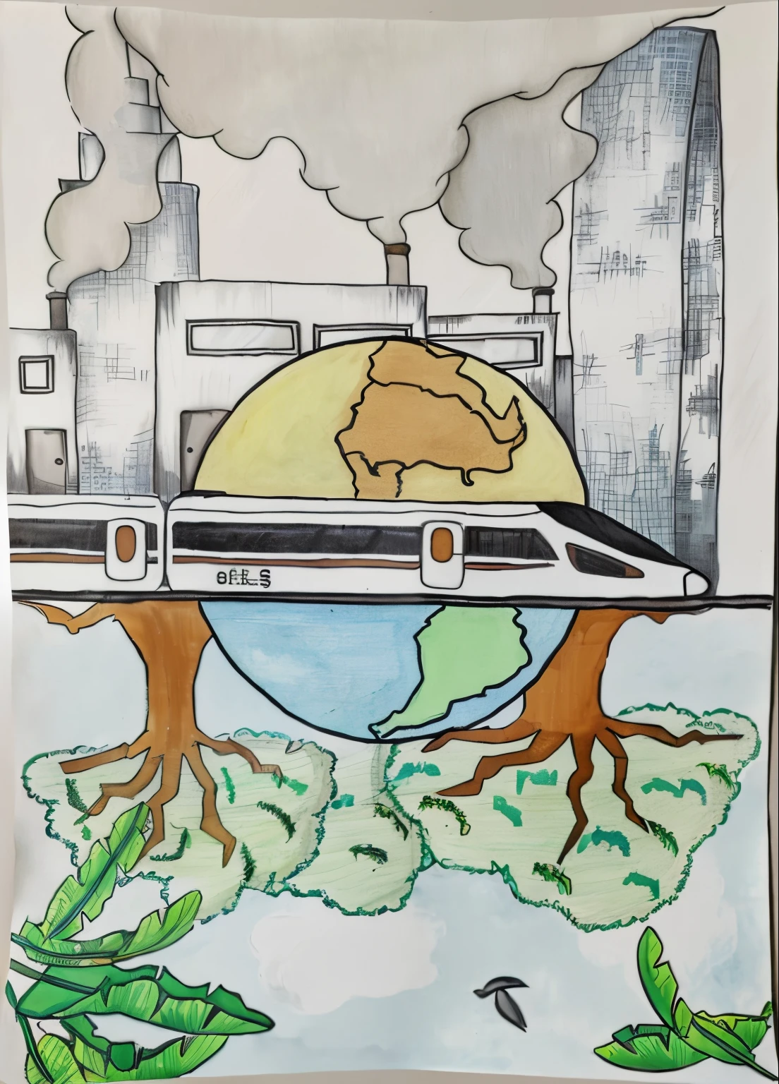 There a picture of a train passing through a city, Environmental portrait, supersonic trains and passengers, environmental artwork, by Luis Molinarciart 💙💜 mson, Inspired by Afewerk Tekle, inspired by Robert Zünd, inspired by João Artur da Silva, author:Warren Mahi, author:Veronica Ruiz de Velasco