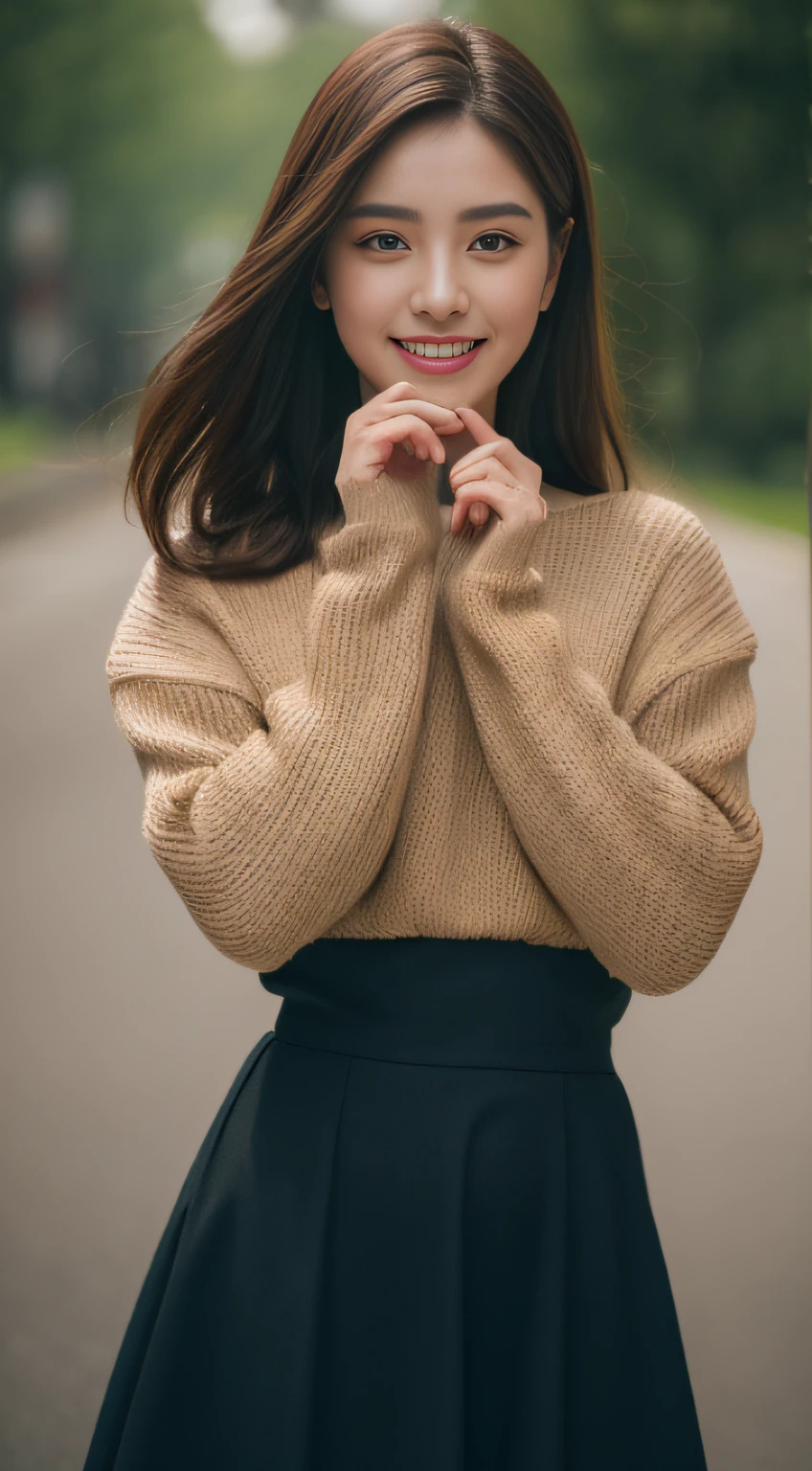 ((Best quality, 8k, Masterpiece :1.3)), 1girl, smiling, full body, slim face, Pretty woman, (Dark brown hair) :1.1, Ultra-detailed face, Detailed eyes, Double eyelid, blur background, slim face, a photorealistic 8k depiction of a 21-year-old girl in an oversized sweater and midi skirt, captured in a cinematic composition with Unreal Engine. The scene, in a 3:4 aspect ratio, features hyper-detailed, beautifully color-graded visuals, showcasing intricate details and dynamic poses. reflections for an elegant, hyper-realistic portrayal.