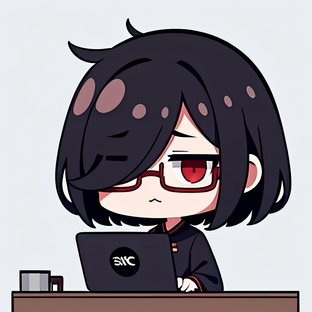 Hair over one eye、One Woman, 独奏, (twitch emote:1), Chibi, no hair, red eyes,, a sticker, Thick black outline,Denim dresselack blouse、Denim Long Skirt hutao, laptop, I am using a computer, In front of a computer, Plain white background ,Sitting in front of a computer, background,I am talking, background, I am talking,
wearing glasses