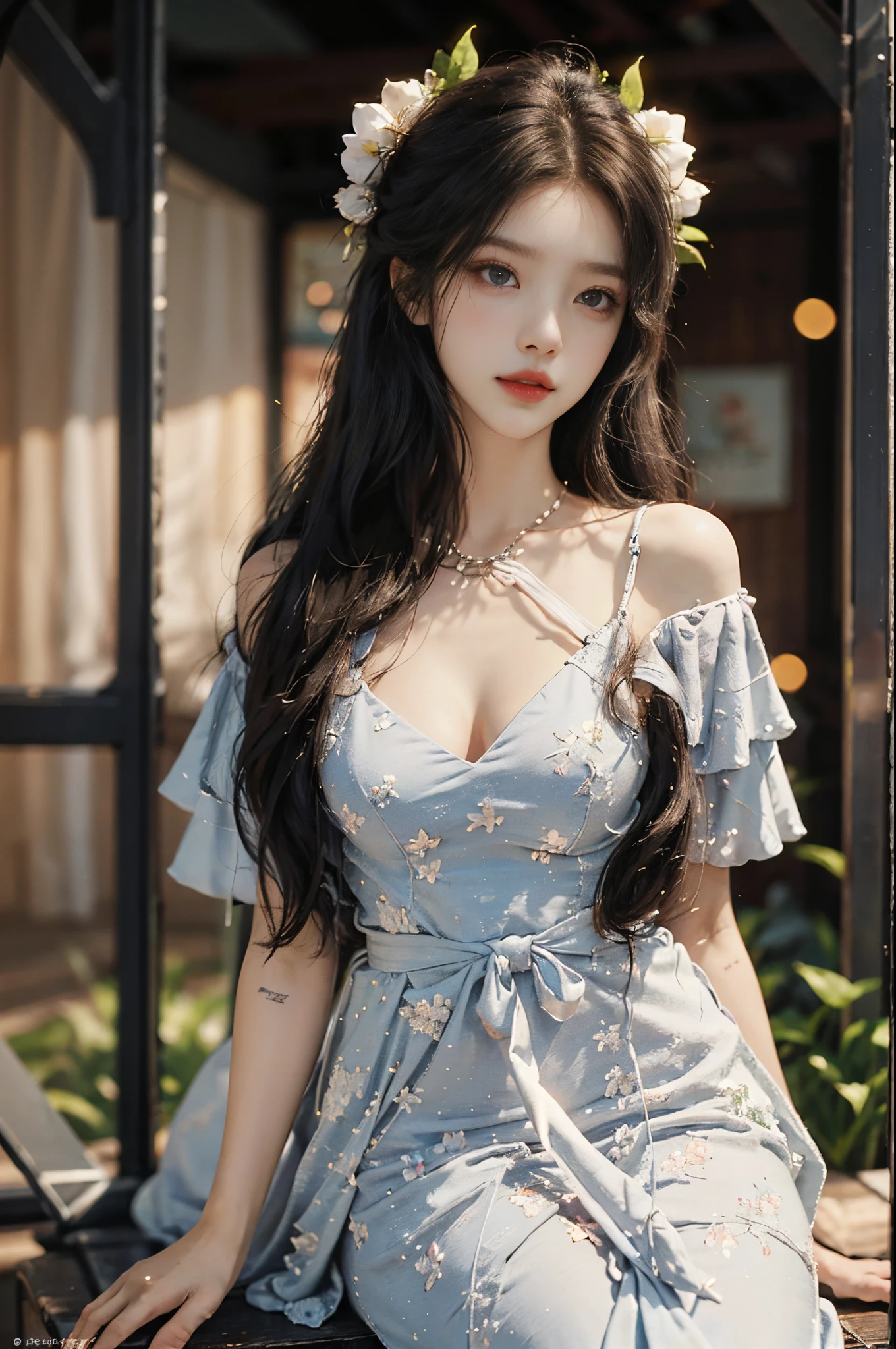 Special clothes53,dress, fashi-girl, red lips, mature female, makeup, Big eyes, Pretty eyes, ((full body)), ((Random shooting angles)), (best quality, masterpiece:1.2), ultra-detailed, (realistic:1.37), beautiful, youthful, glamorous model with (detailed eyes, detailed lips, extremely detailed eyes), with white and floral colors, showcasing a radiant smile, creating a breathtaking depiction of a girl, Warm tones, extremely high color saturation, official art, extremely detailed CG unified 8k wallpaper,(High dynamic range :1.4), (cinematic),(soft colors, dull colors, soothing tones :1.3), (natural skin texture, ultra-realistic, soft light, sharp),(very detailed), Night, moonlight, In an antique pavilion, sit on a bench against the guardrail