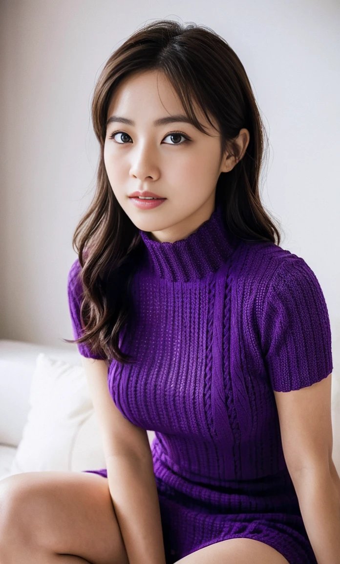 ulzzang -6500-v1.1, (Raw foto:1.2), (Photorealsitic:1.4), a beautiful detailed girl, extremely detailed eye and face, beatiful detailed eyes, Ridiculous, unbelievable Ridiculous, huge filesize, ultra-detailliert, hight resolution, ighly detailed, top-quality, masterpiece, Kemomimi, ((Purple High Collar Knit Mini Dress)), illustratio, ighly detailed, nffsw, unification, 8k wallpaper, astonishing, finely detail, masterpiece, top-quality, Highly detailed ticker uniform 8K wallpaper, face lights、Cinematographic lighting、1girl in、sixteen years old、(witheout panties)、((dynamicposes)))、(camel's toe)、(half)、、(Crooked knees and legs sitting))
