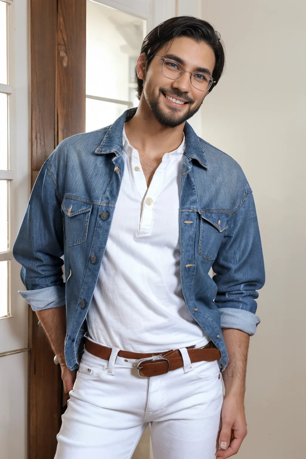 (adult male, 20 years old) (beard) (slim body), ((black hair)) (short straight hair) (blue eyes) (white skin) expression smile, happy, confident look, penetrating look. full body, western face, (smiling face) standing, day. ((standing)) front view (looking at viewer)((jeans, old white shirt, coat))((glasses))((1970)) hippie