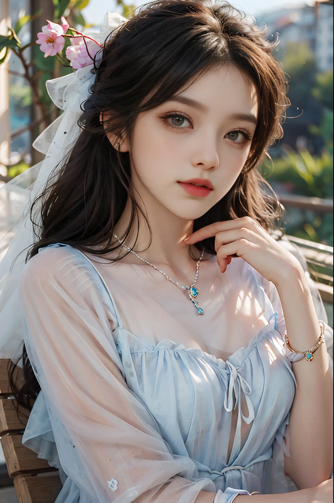 Sweet girl clothes8,(gem:1.3), fashi-girl, red lips, mature female, makeup, Big eyes, Pretty eyes, ((full body)), ((Random shooting angles)), (best quality, masterpiece:1.2), ultra-detailed, (realistic:1.37), beautiful, youthful, glamorous model with (detailed eyes, detailed lips, extremely detailed eyes), with white and floral colors, showcasing a radiant smile, creating a breathtaking depiction of a girl, Warm tones, extremely high color saturation, official art, extremely detailed CG unified 8k wallpaper,(High dynamic range :1.4), (cinematic),(soft colors, dull colors, soothing tones :1.3), (natural skin texture, ultra-realistic, soft light, sharp),(very detailed), Night, moonlight, In an antique pavilion, sit on a bench against the guardrail