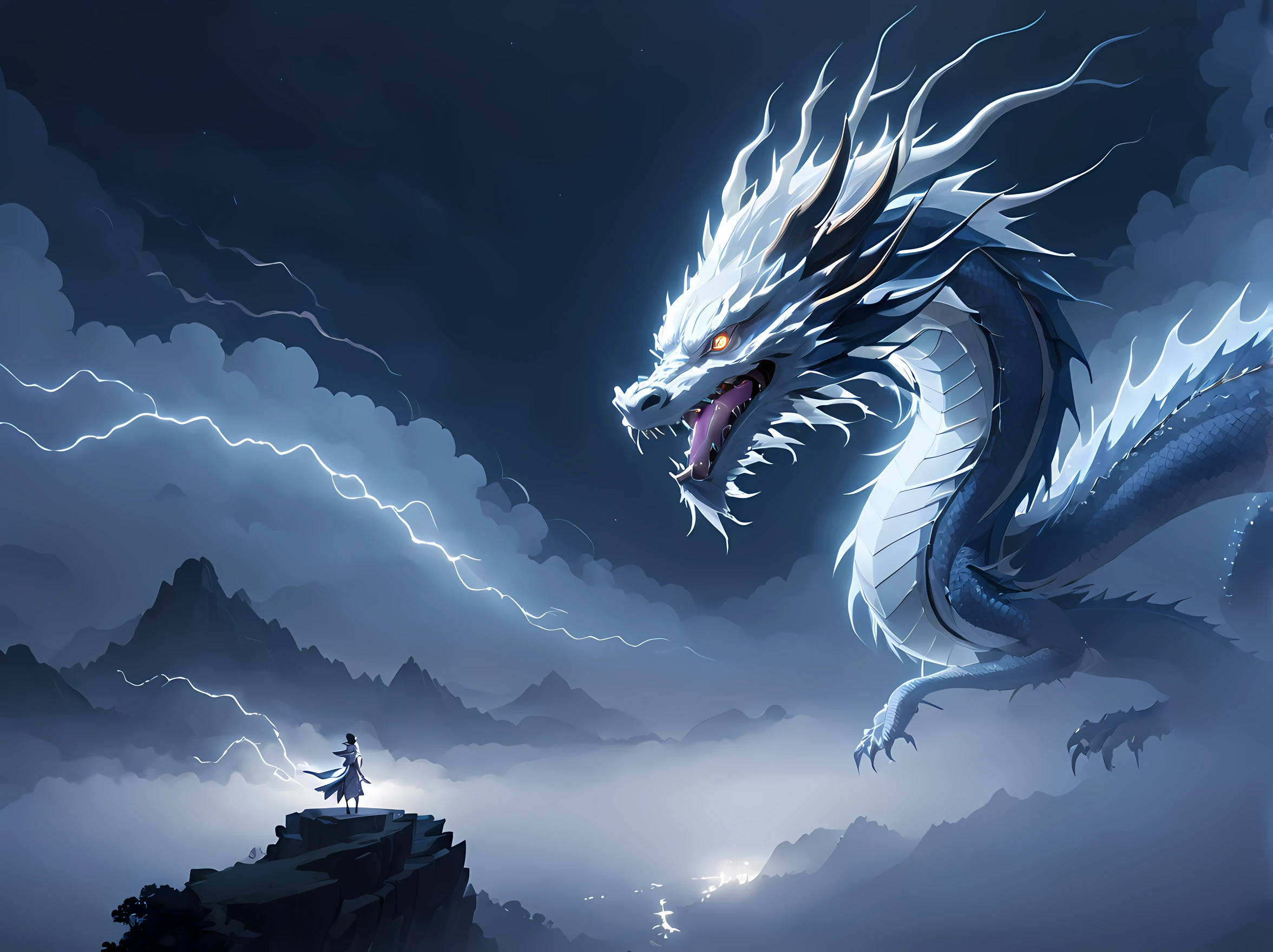 (masterpiece, best quality, thunders:1.2), (Asian White Dragon:1.3), sky, beautiful, (fog, foggy:1.5), (night, dark, no light: 1.7), (darkness, shadow:1.7), clouds, clean, cliffountain peaks, minimalism:1.4), ultra clean, Ultra detailed, studio ghibli, wallpaper, clean, warm tone, god rays, anime style, cinematic lighting, bloom, ray tracing, reflection light, masterpiece, super detail, highres, best quality