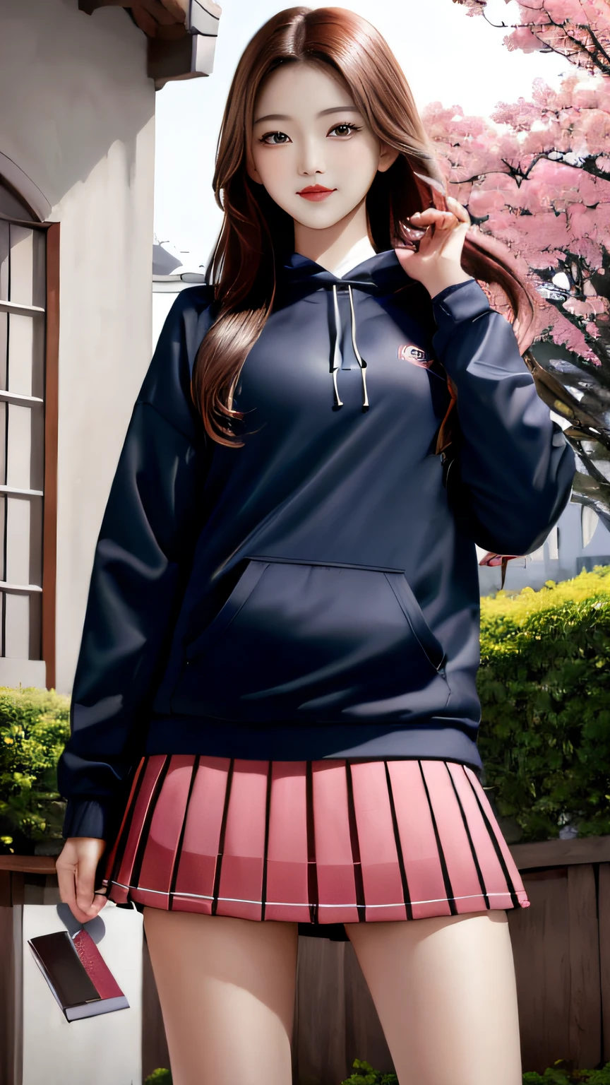 ((Best quality)), (ultra - detailed), (extremely detaild的 CG unified 8k wallpapers), Very meticulous, High-resolution RAW color photos, professional photoshooting, 1900 Anciat:1.3），A cute girl stands up and poses for a photo, （Girl wearing sweatshirt and pleated skirt:1.2），（Professional and meticulous clothing design:1.3），red pink lips，cabelos preto e longos，athletic sneakers，Aristocratic design，（Petals splash art on background:1.1）（a professional shot of），Extremely beautiful, perfect body figure,Have a perfect view of your legs