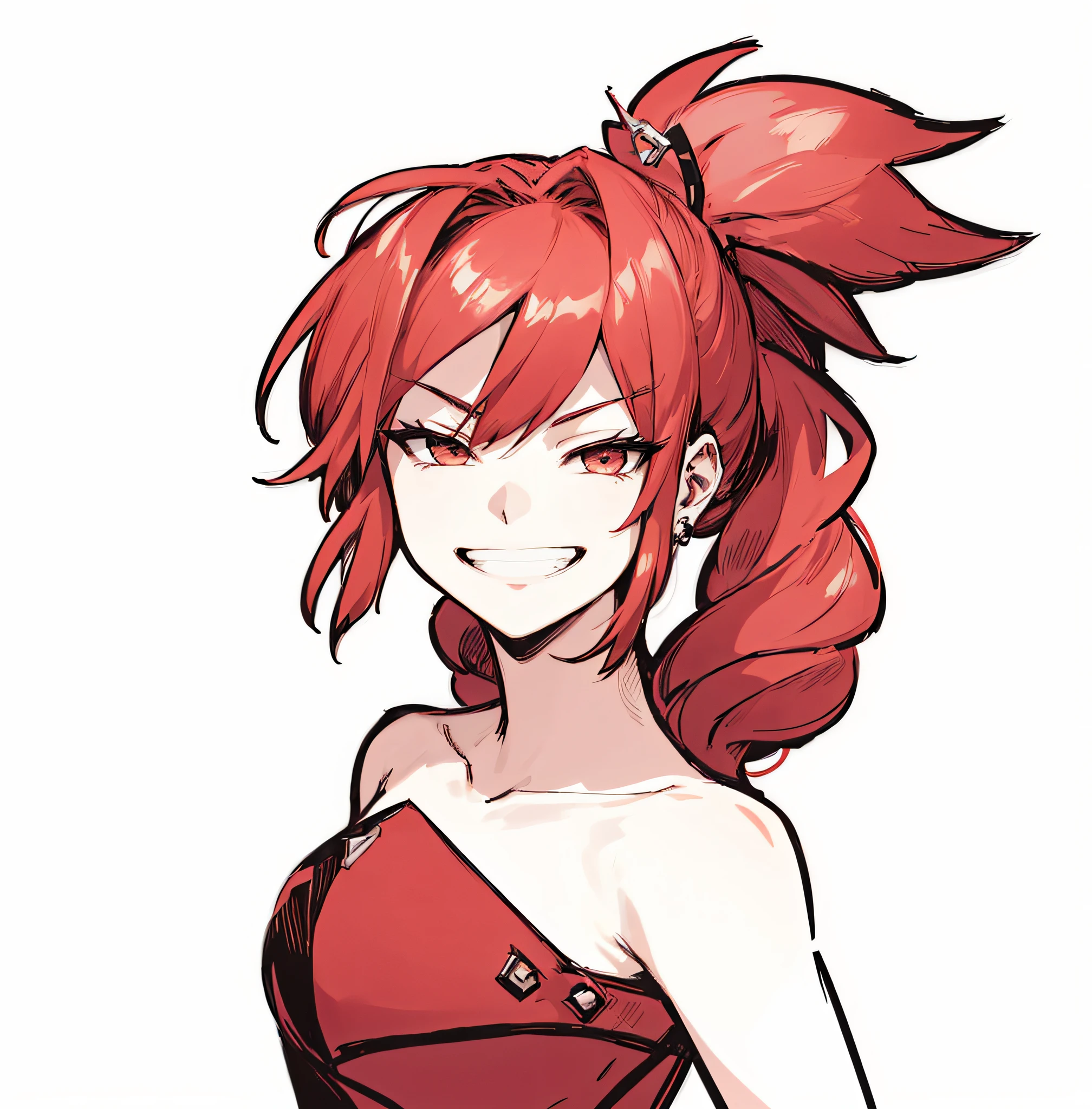 um desenho de uma mulher com cabelo ruivo e rabo de cavalo, dramatic smirk pose, [[[[sorrindo malvado]]]], Impacto de Ayaka Genshin, protagonista feminina 👀 :8, atraente matoi ryuko, dramatic smirk pose, ela tem um rosto expressivo bonito, Annie, de League of Legends, sorridente, mas tem um temperamento, wry smirk