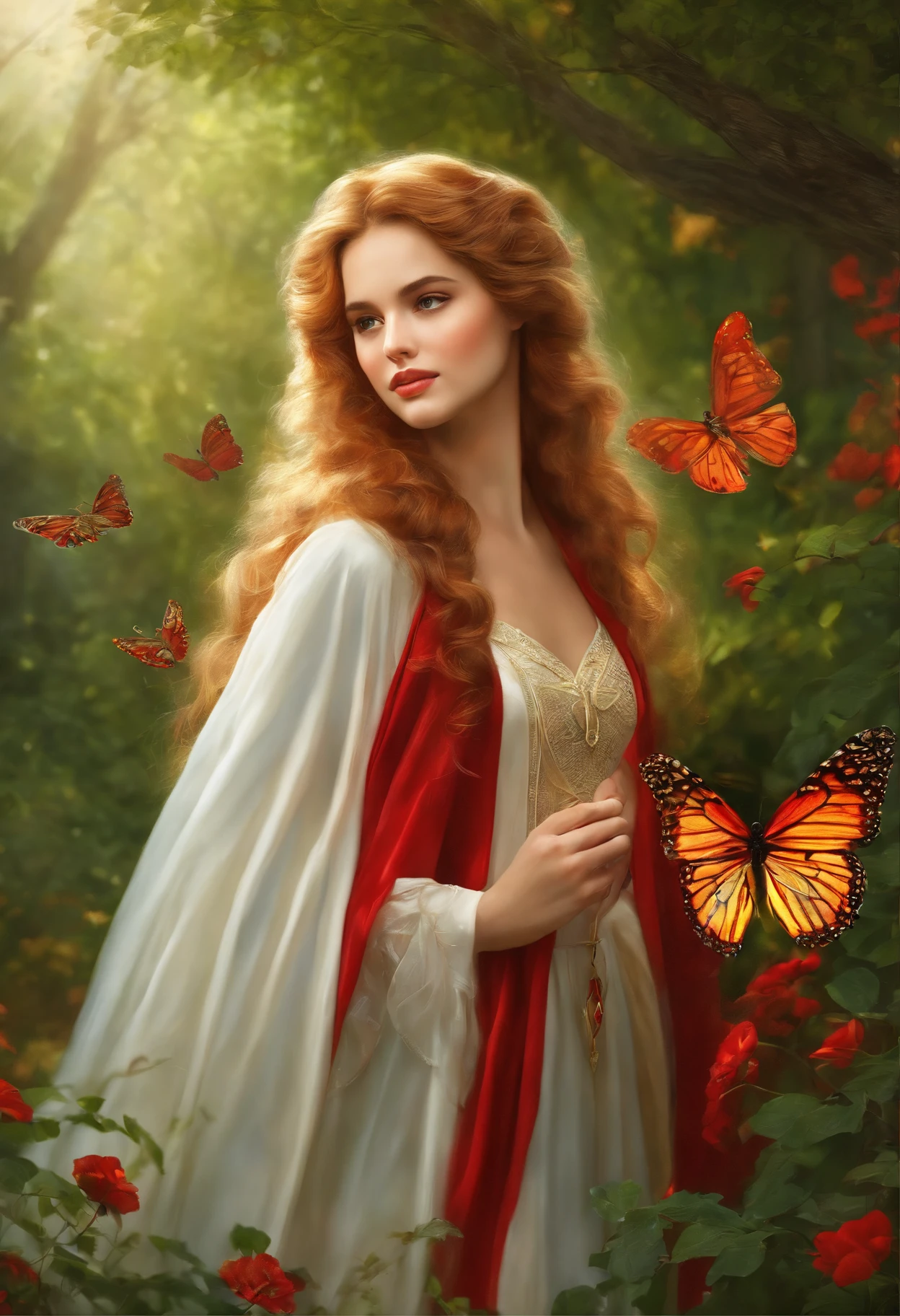 Kırmızı başlıklı kız, detailed facial features, vibrant red cape, lush green forest background, soft natural lighting, oil painting, ultra-detailed illustration, vivid colors, dreamlike scenery, realistic textures, highres, fairytale-like atmosphere, curly golden hair, innocent expression, mesmerizing eyes, graceful pose, magical atmosphere, enchanting ambiance, mysterious shadows, beautiful flowers, delicate butterfly, storybook fantasy, traditional folklore, youthful charm, whimsical art style, timeless beauty, picturesque landscape.